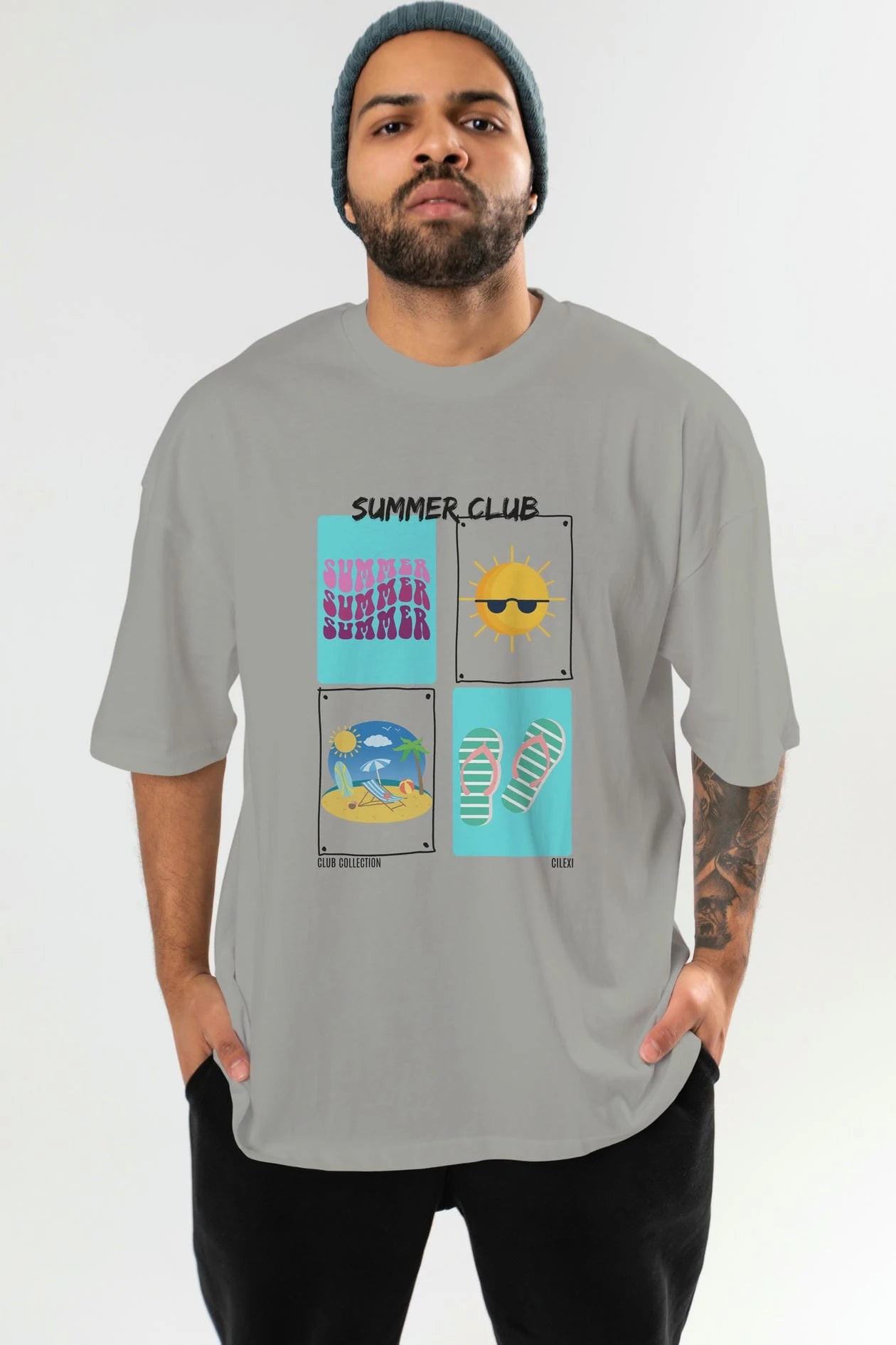 Summer Club ön Baskılı Oversize t-shirt Erkek Kadın %100 Pamuk Bisiklet Yaka tişort