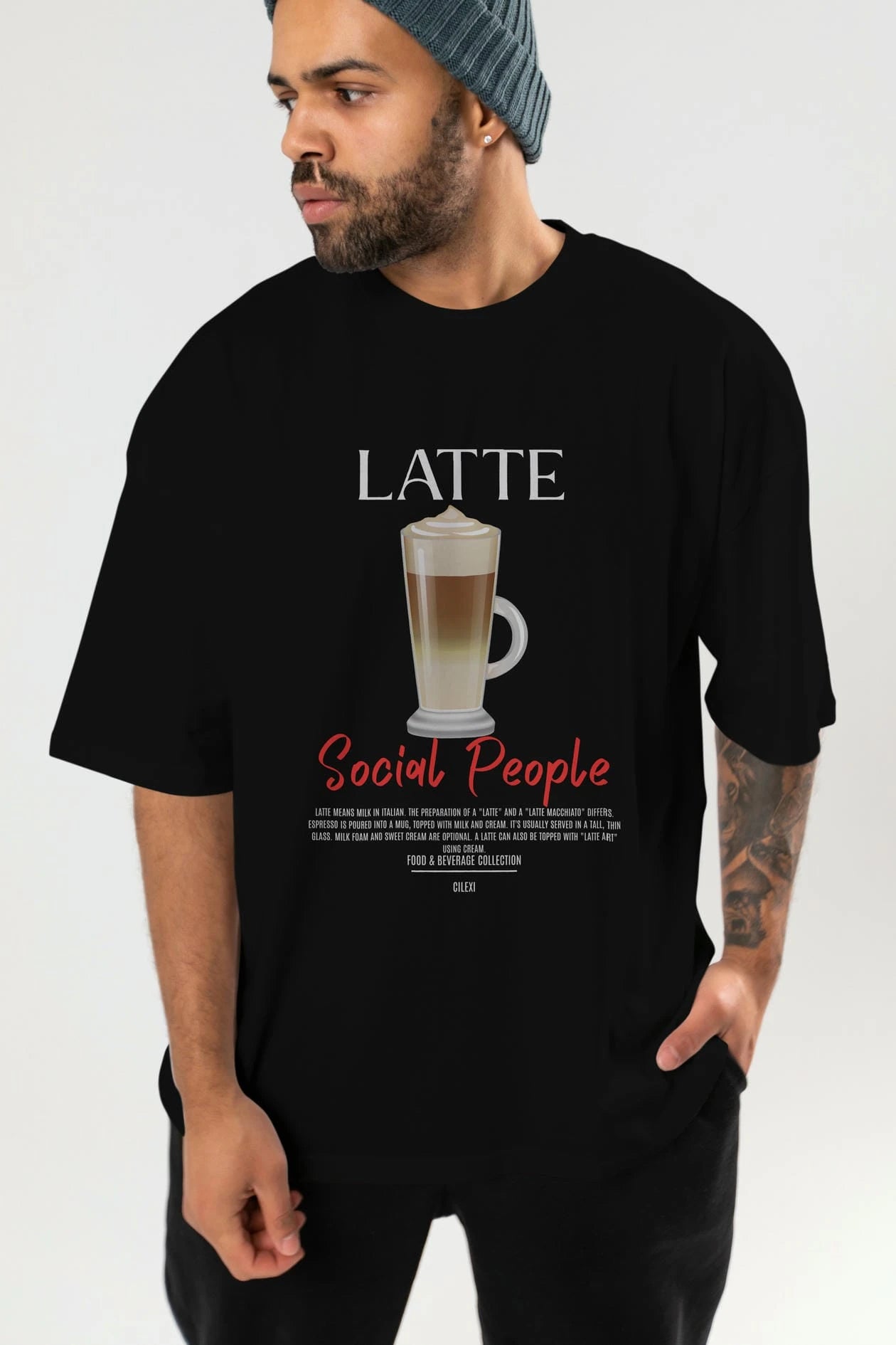 Latte Kokteyl Serisi ön Baskılı Oversize t-shirt Erkek Kadın %100 Pamuk Bisiklet Yaka tişort