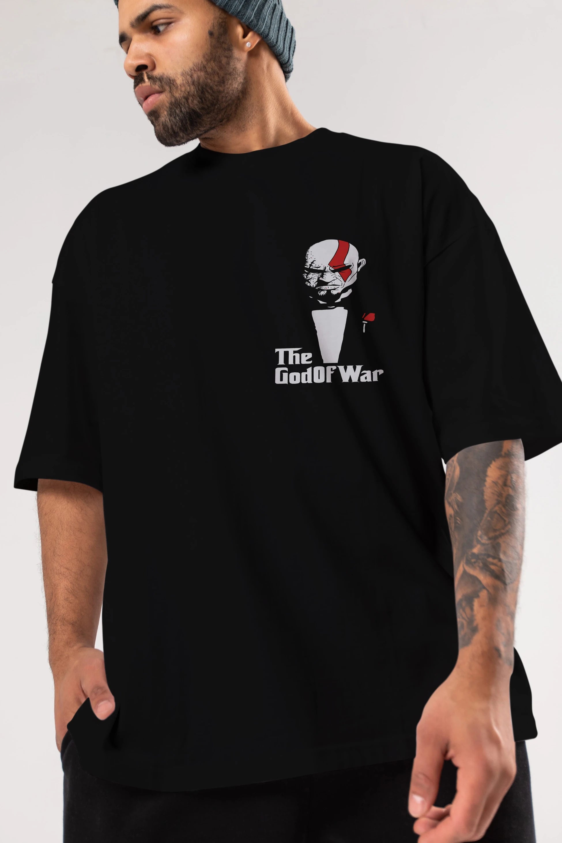The God of War Ön Sol Baskılı Oversize t-shirt Erkek Kadın Unisex %100 Pamuk Bisiklet Yaka tişort