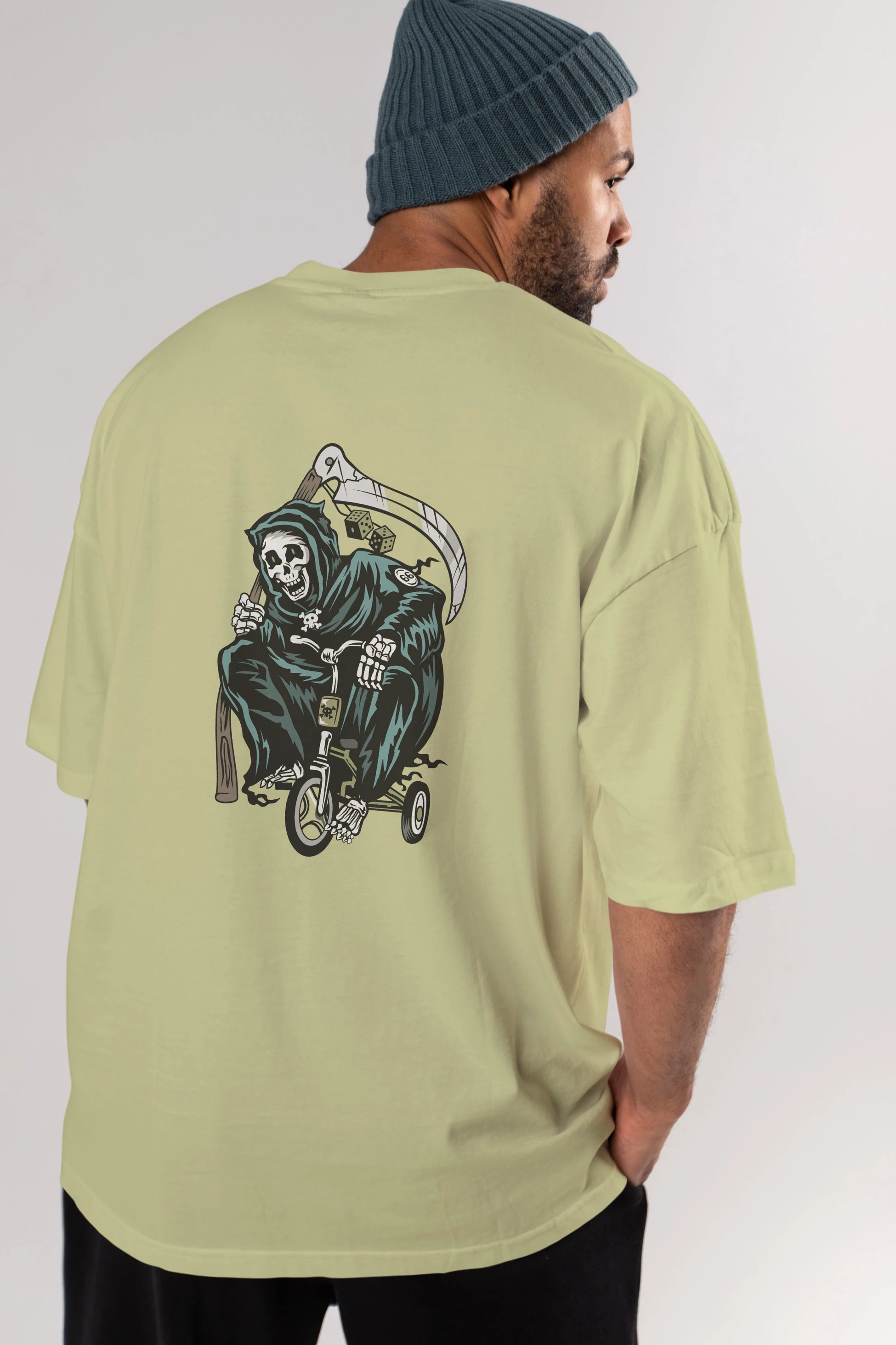 Grim Reaper Bicycle Arka Baskılı Oversize t-shirt Erkek Kadın Unisex %100 Pamuk tişort