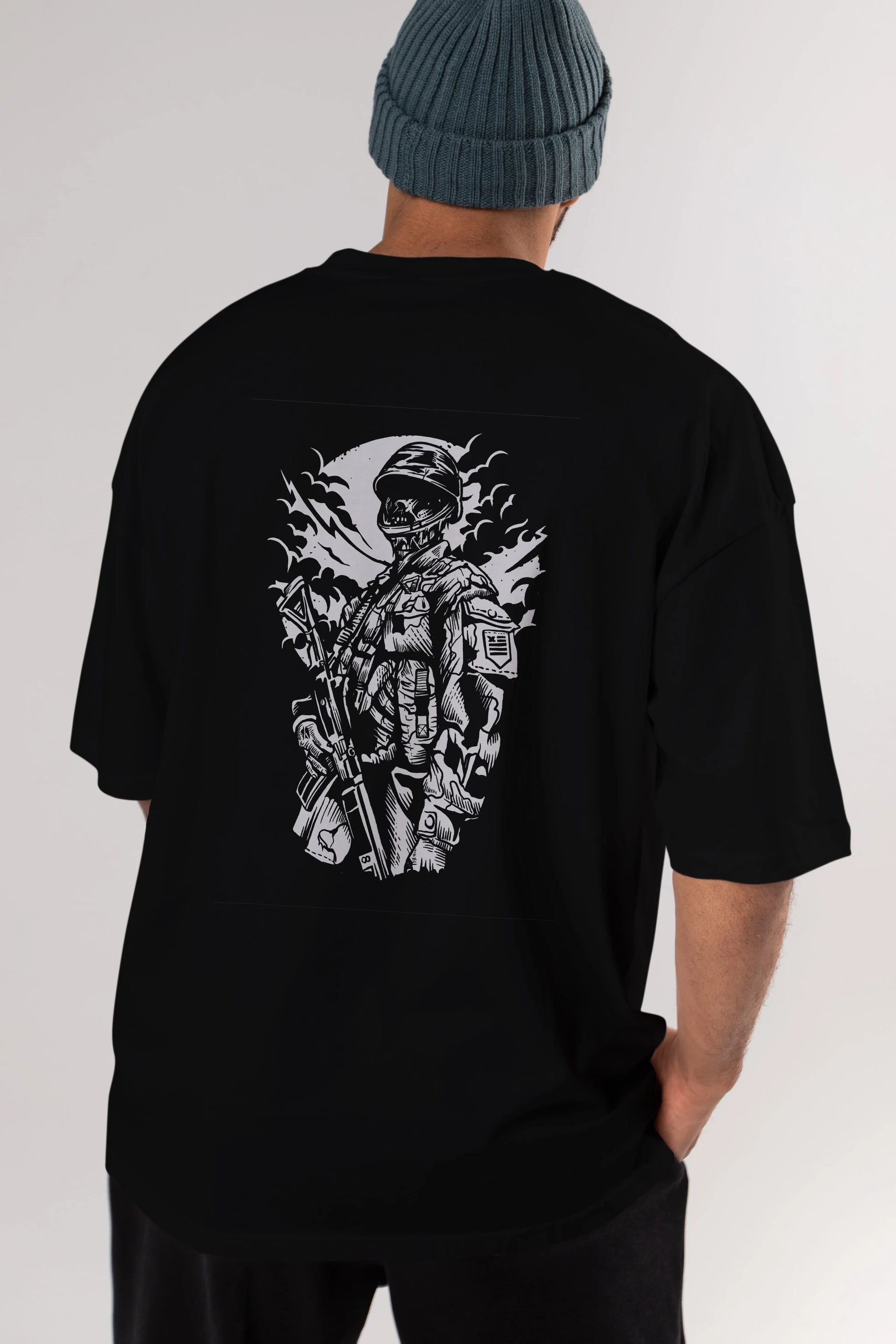 Zombie Soldier Arka Baskılı Oversize t-shirt Erkek Kadın Unisex %100 Pamuk
