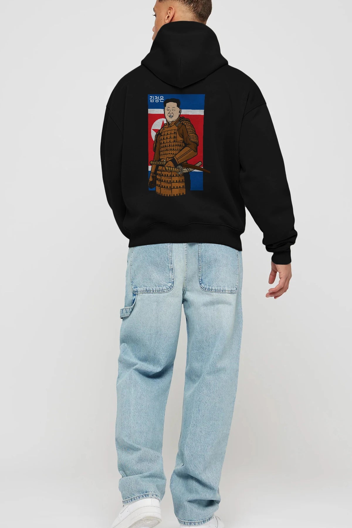 Samurai Jong Un Arka Baskılı Hoodie Oversize Kapüşonlu Sweatshirt Erkek Kadın Unisex