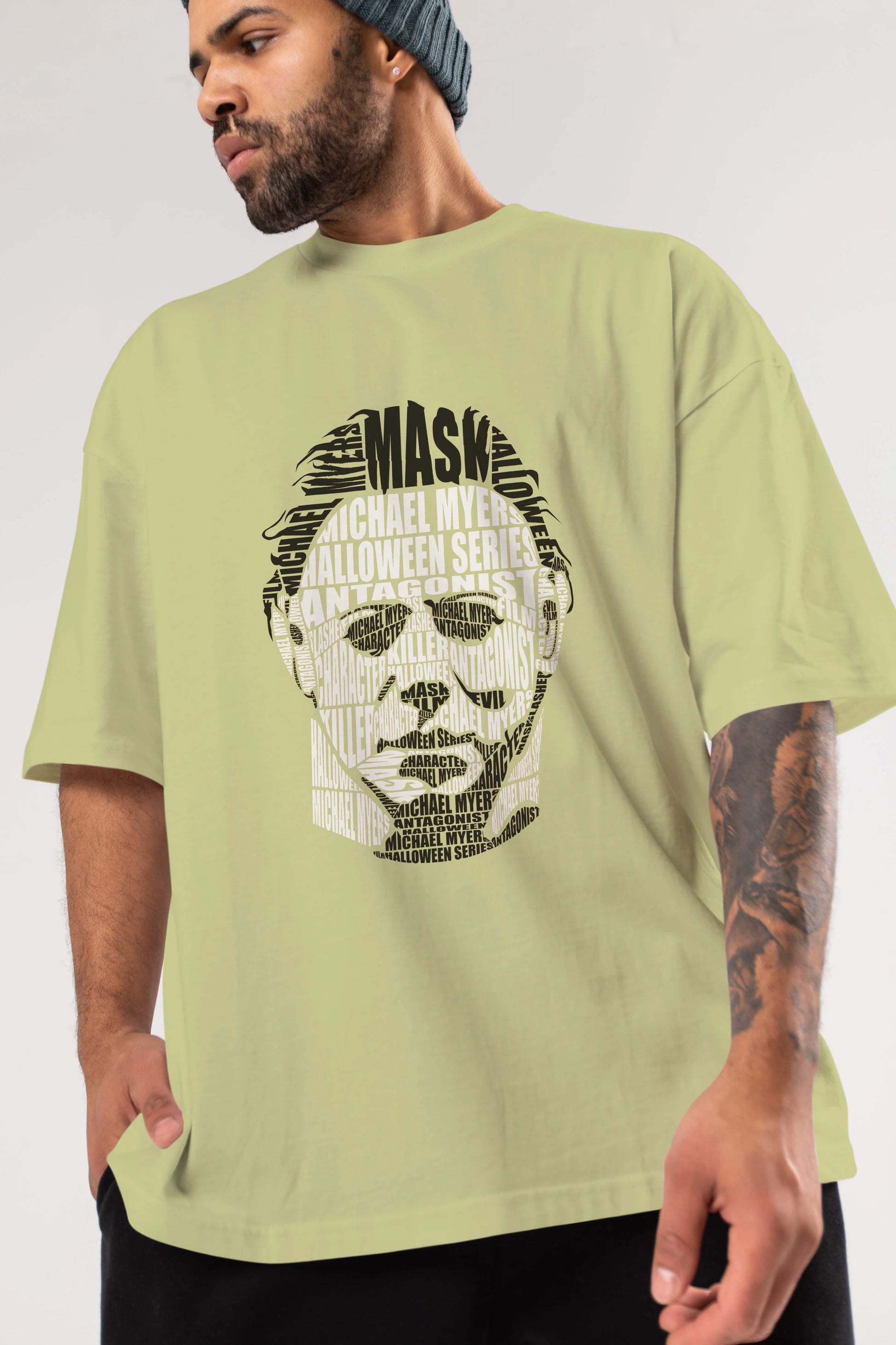 Michael Myers Calligram Ön Baskılı Oversize t-shirt %100 pamuk Erkek Kadın Unisex
