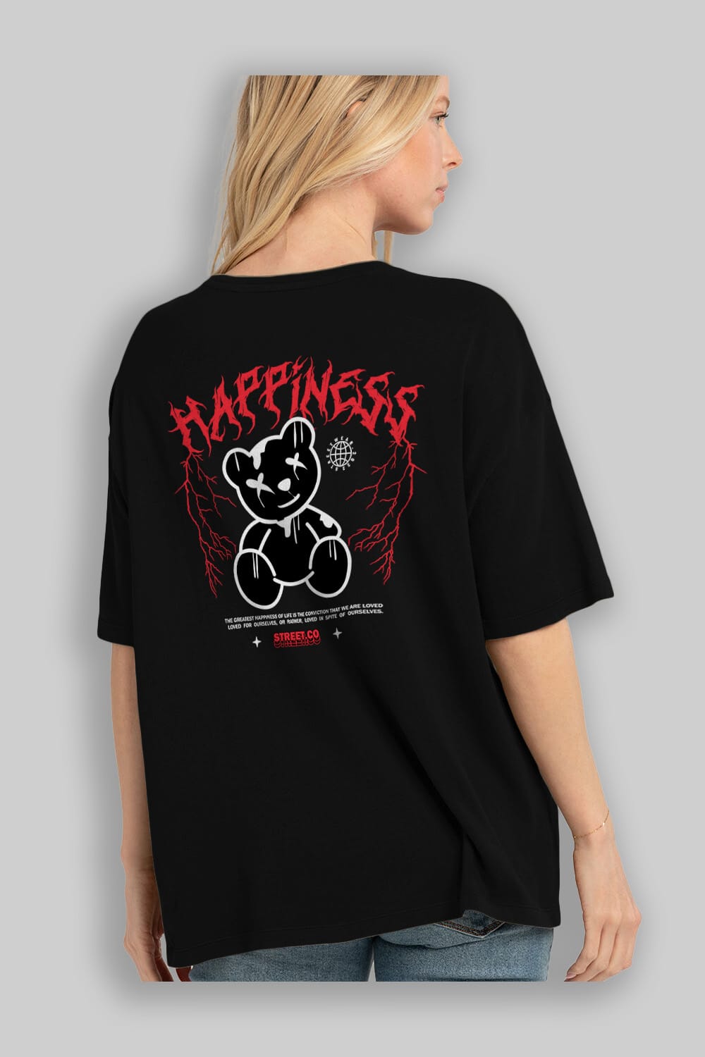 Happiness Bear Arka Baskılı Oversize t-shirt Erkek Kadın Unisex