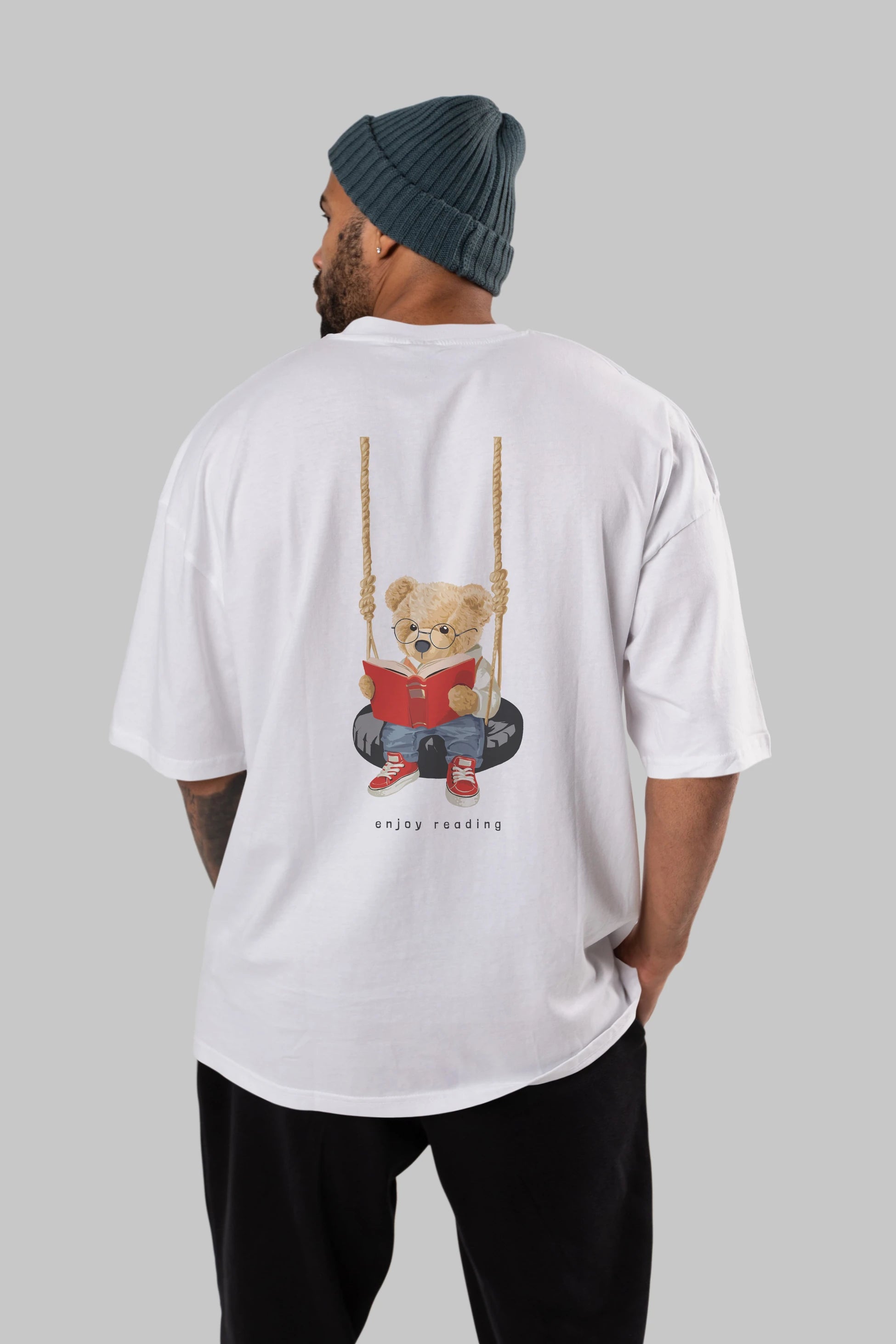 Teddy Bear Enjoy Reading Arka Baskılı Oversize t-shirt Erkek Kadın Unisex %100 Pamuk