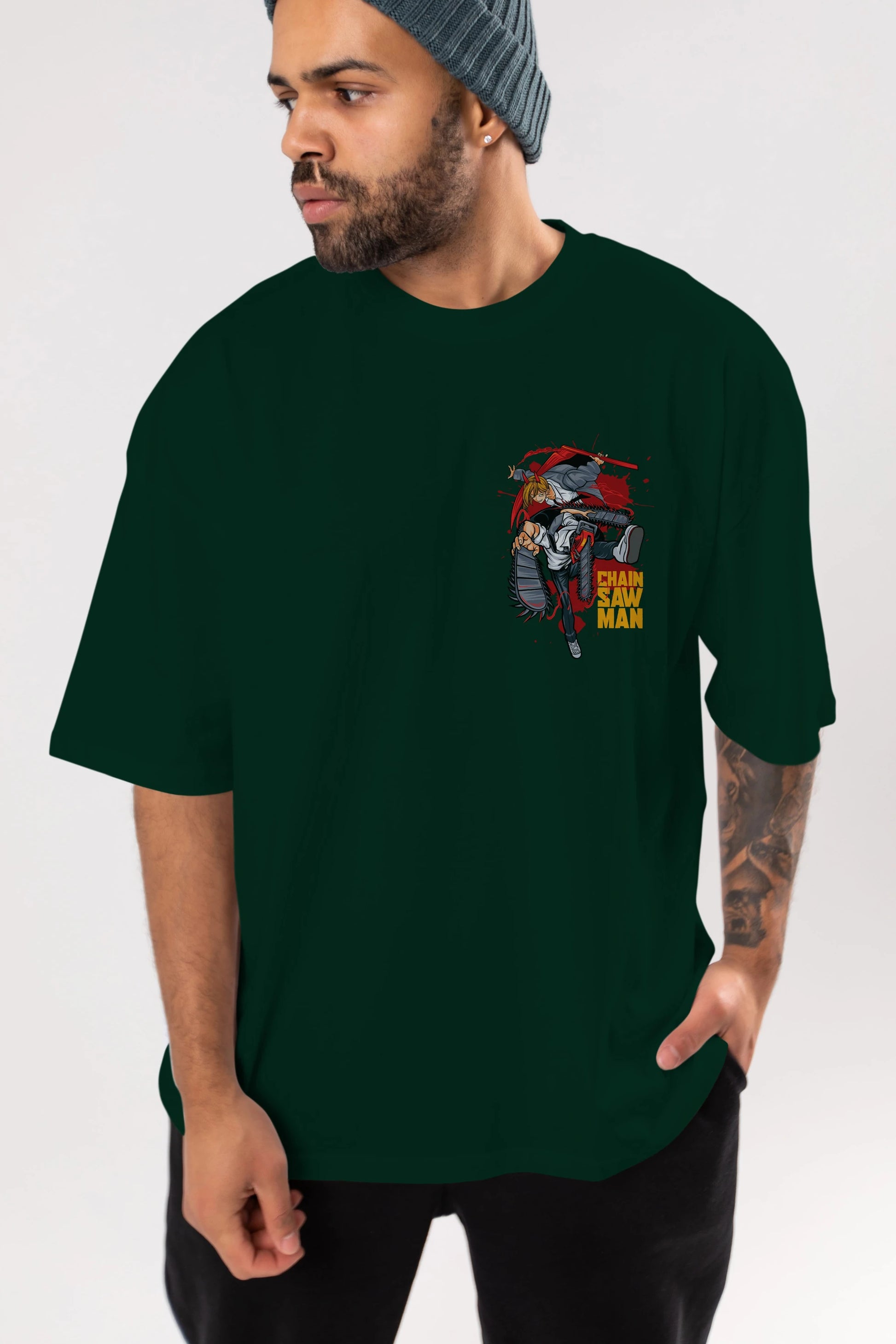 DENJI and POWER Ön Sol Baskılı Oversize t-shirt Erkek Kadın Unisex %100 Pamuk Bisiklet Yaka tişort