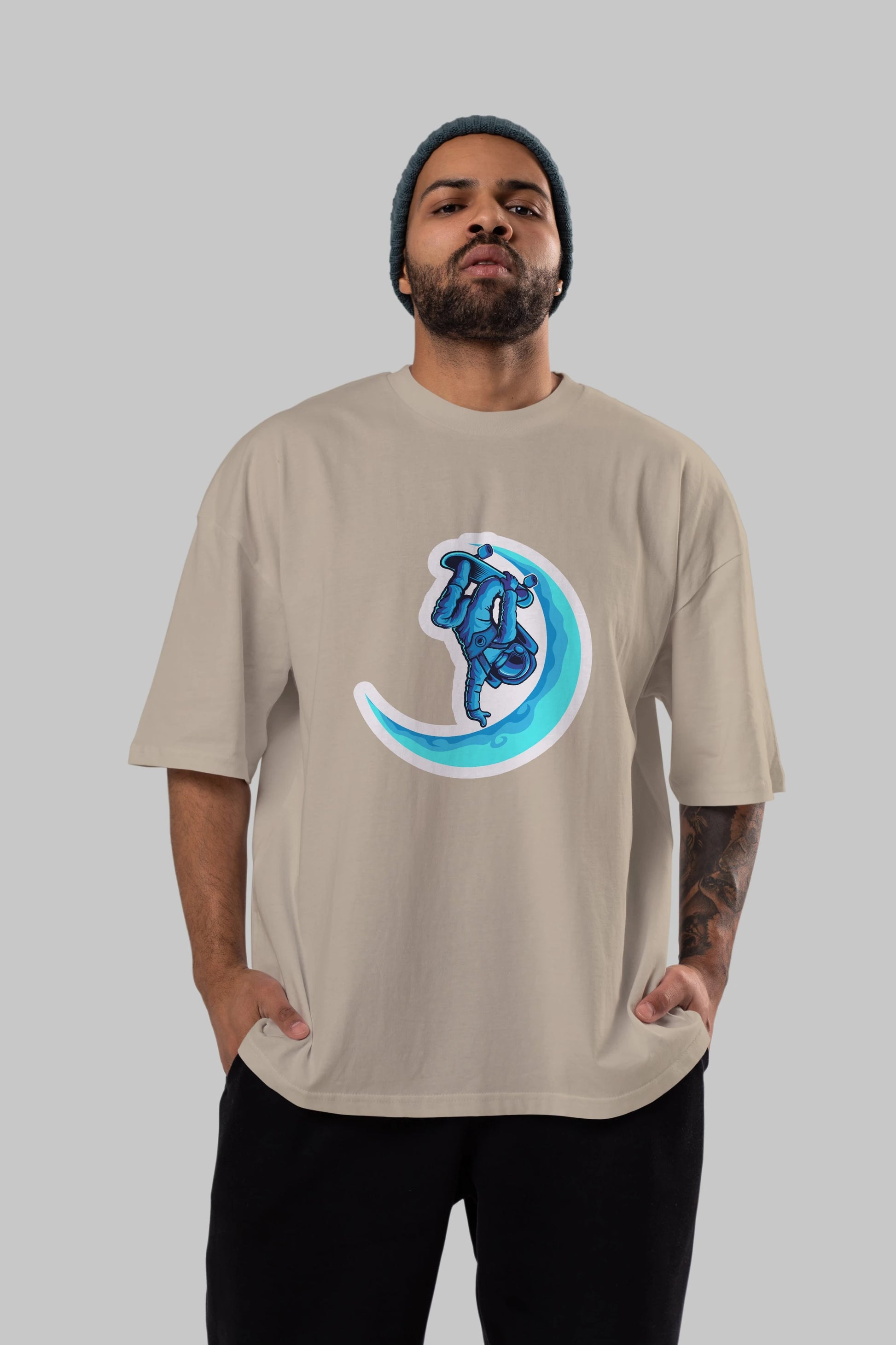 Skating on the moon sticker Ön Baskılı Oversize t-shirt Erkek Kadın Unisex