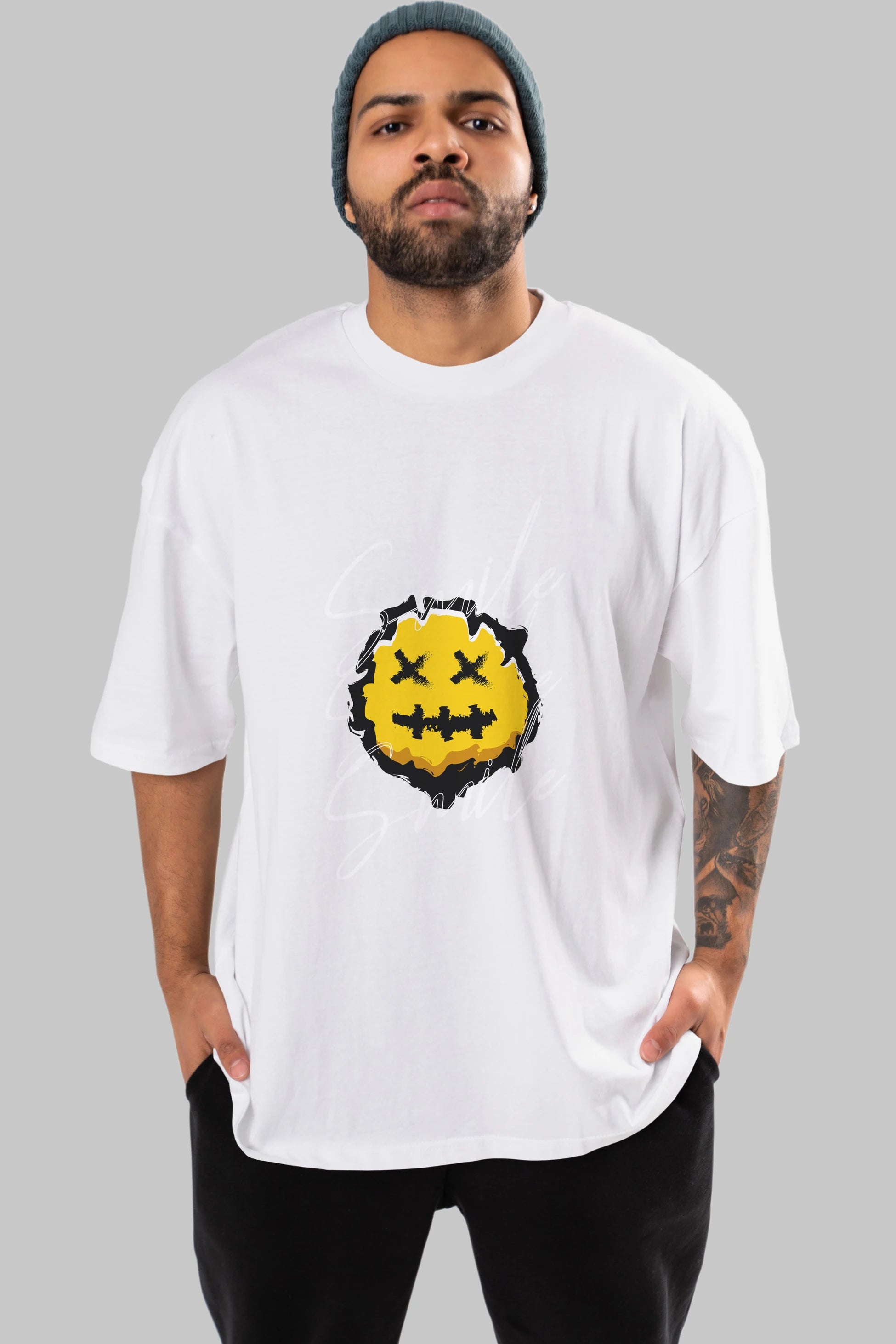 Smile Emoji Ön Baskılı Oversize t-shirt Erkek Kadın Unisex