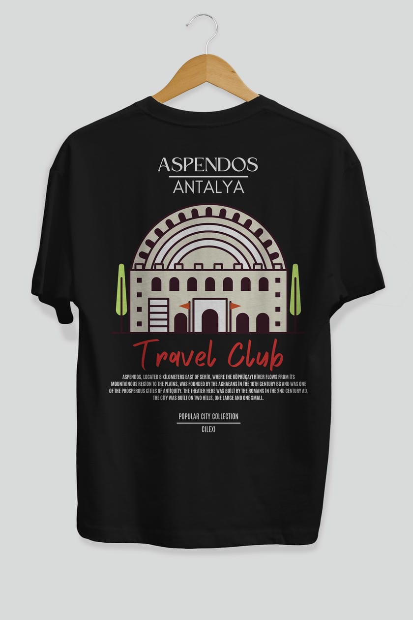 Aspendos Antalya Arka Baskılı Oversize t-shirt Erkek Kadın Pamuk Bisiklet Yaka tişort