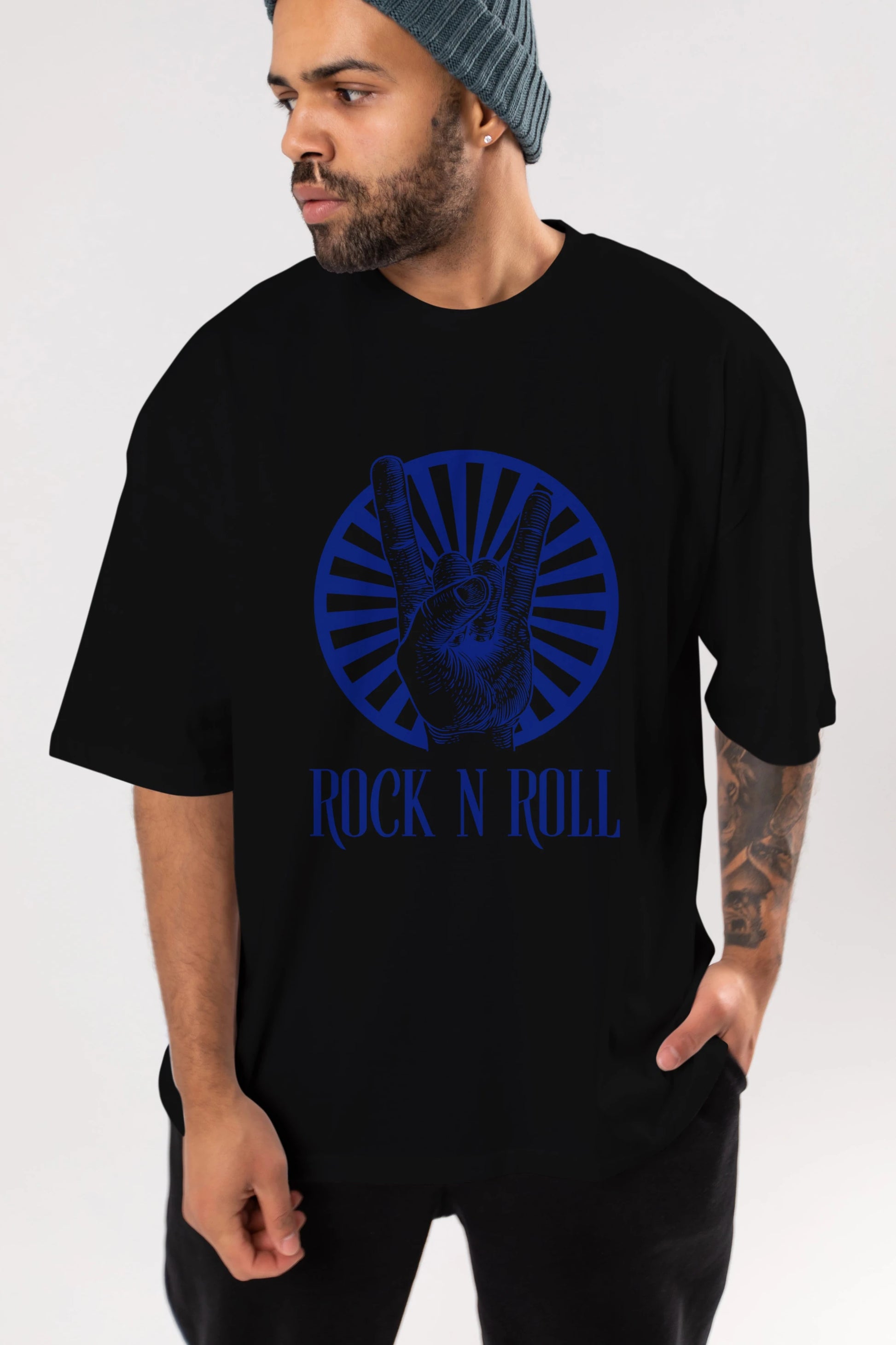 Rock N Roll Yazılı Ön Baskılı Oversize t-shirt Erkek Kadın Unisex