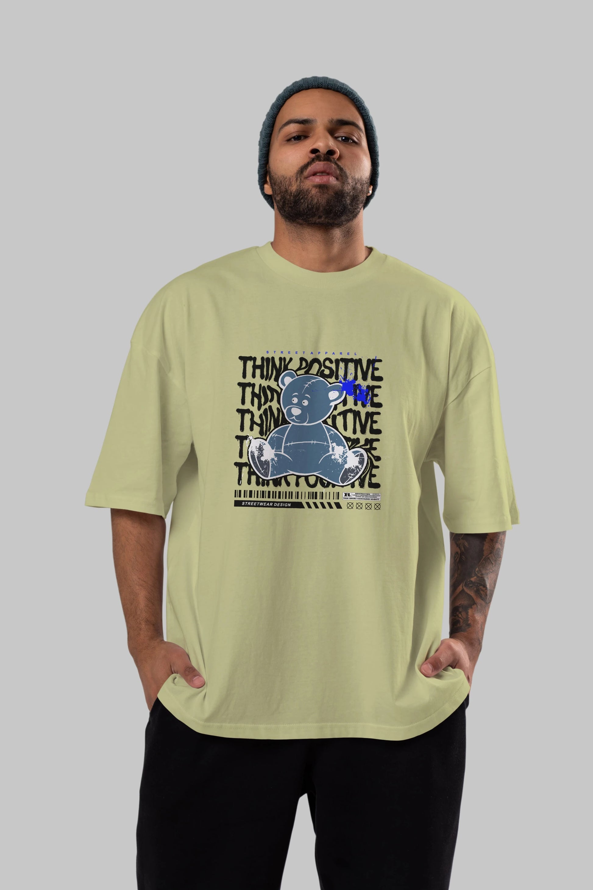 Teddy Bear Think Positive Ön Baskılı Oversize t-shirt Erkek Kadın Unisex