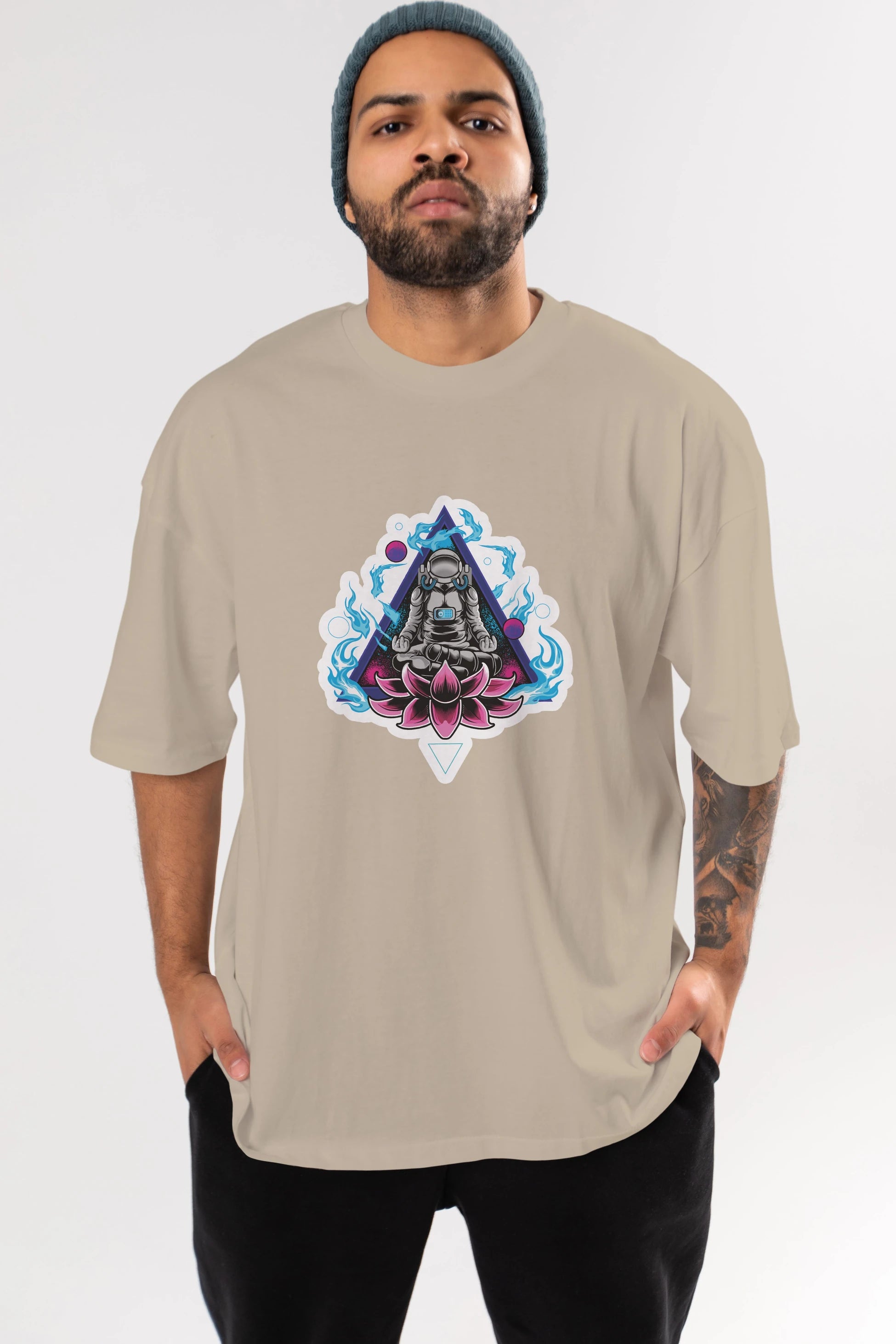 Astronaut Meditation Sticker Ön Baskılı Oversize t-shirt Erkek Kadın Unisex