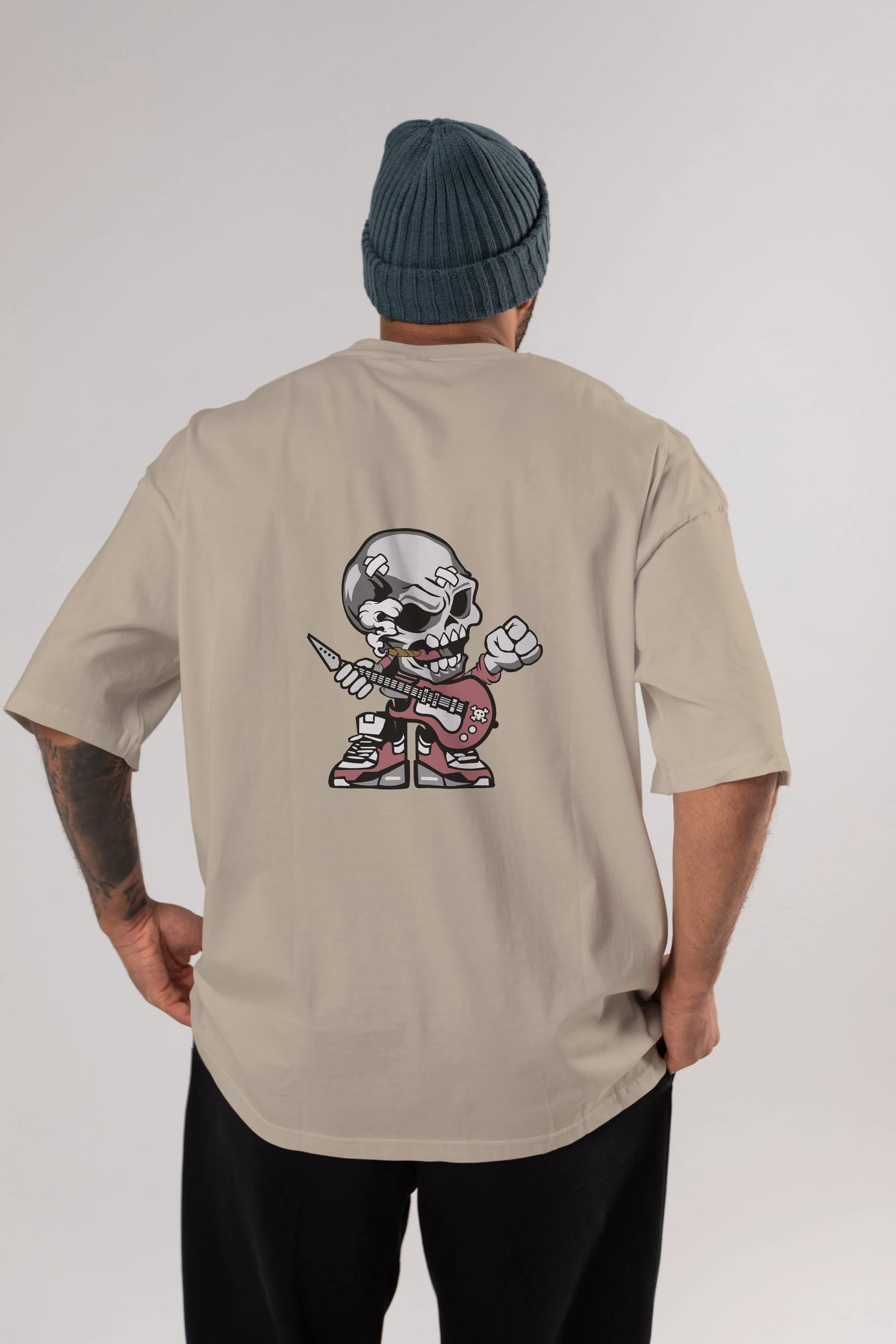 Skull Rockstar Arka Baskılı Oversize t-shirt Erkek Kadın Unisex %100 Pamuk tişort