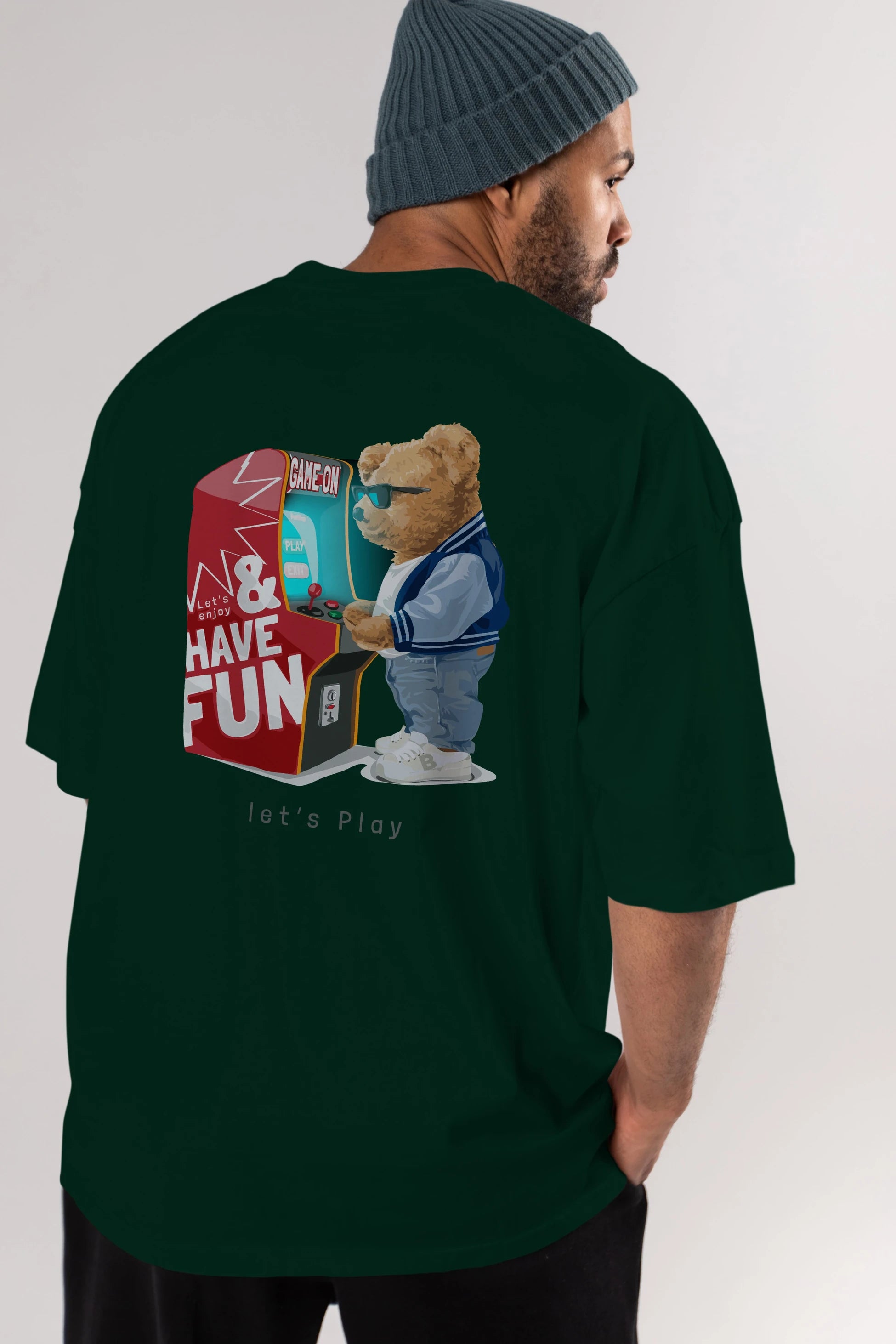 Teddy Bear Lets Play Arka Baskılı Oversize t-shirt Erkek Kadın Unisex %100 Pamuk
