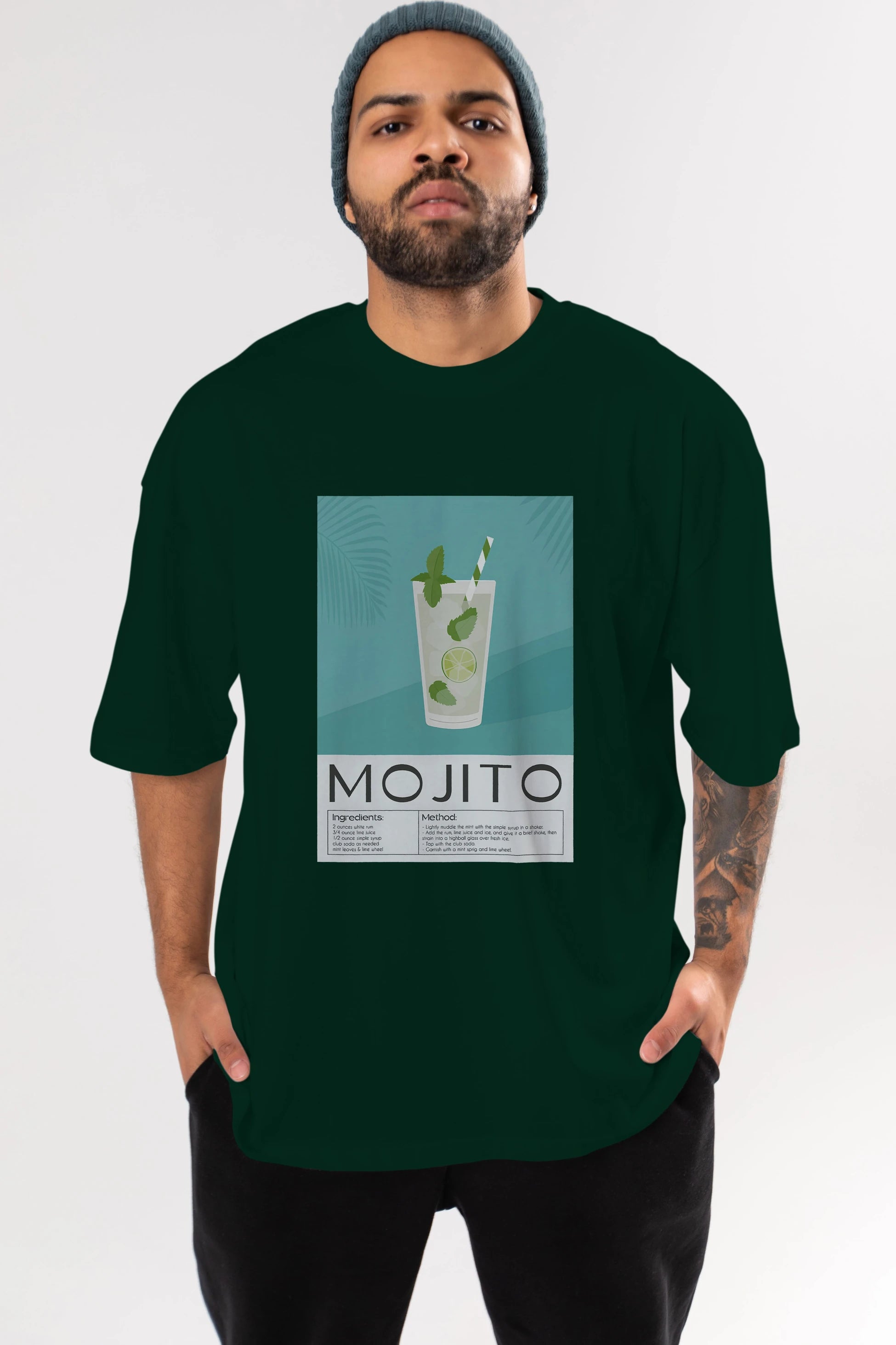 Mojito 4 Ön Baskılı Oversize t-shirt Erkek Kadın Unisex %100 Pamuk Bisiklet Yaka tişort