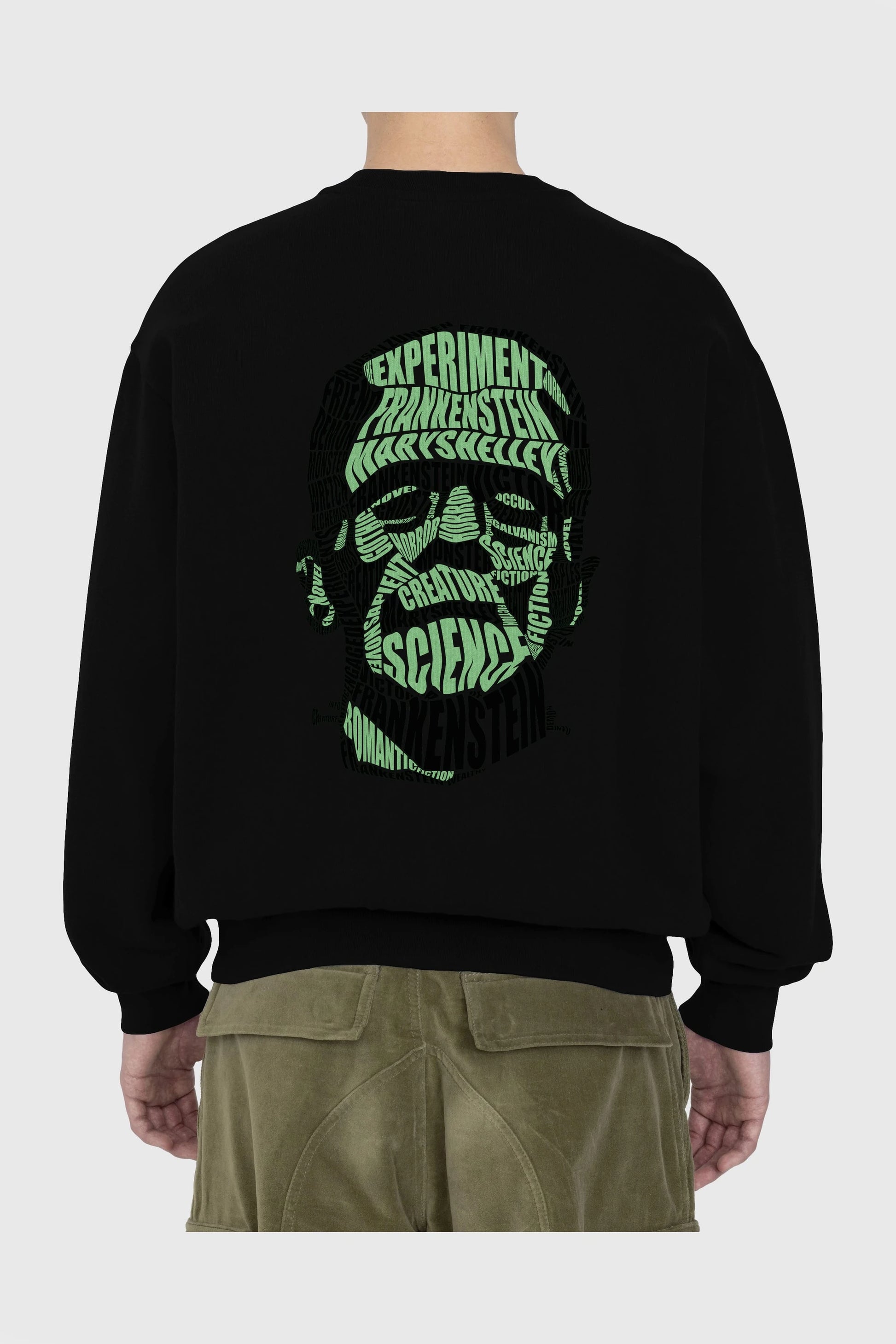 Frankenstein Calligram Arka Baskılı Oversize Sweatshirt Erkek Kadın Unisex