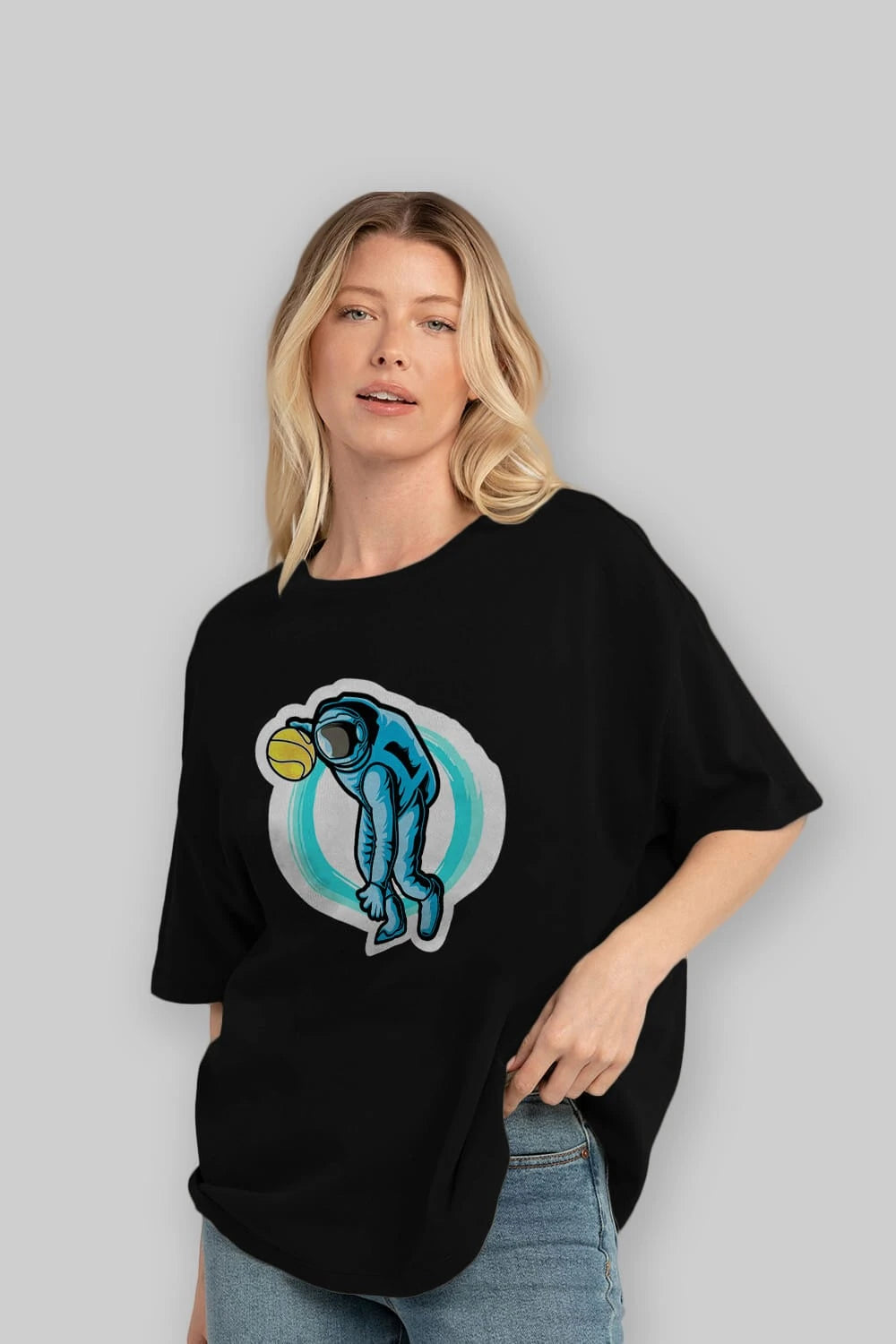 Astronaut Dribble Sticker Ön Baskılı Oversize t-shirt Erkek Kadın Unisex