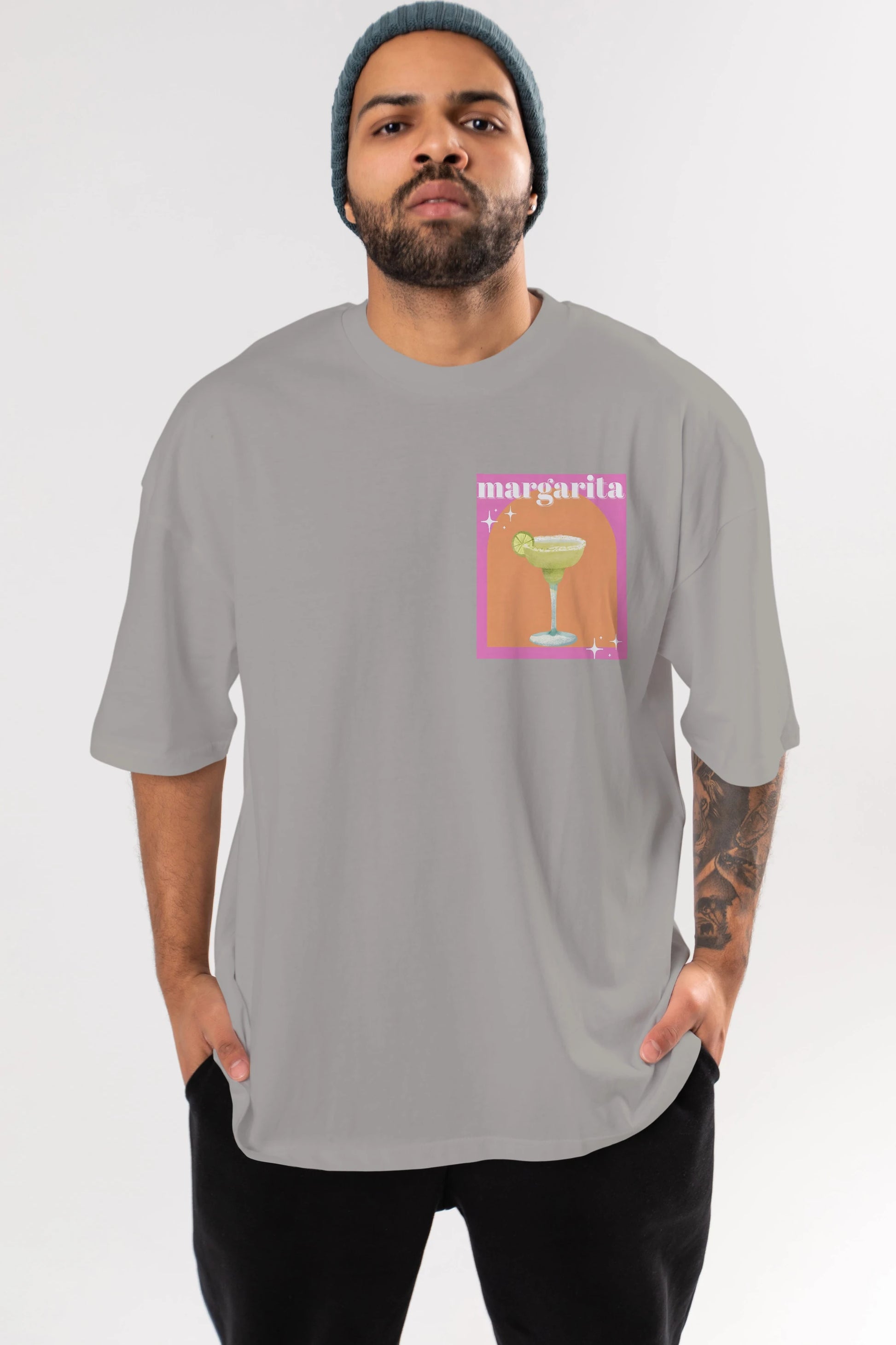 Margarita 7 Ön Sol Baskılı Oversize t-shirt Erkek Kadın Unisex %100 Pamuk Bisiklet Yaka tişort