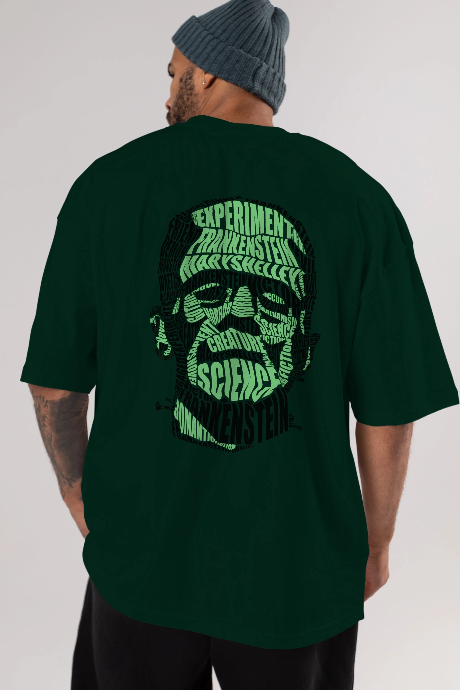 Frankenstein Calligram Arka Baskılı Oversize t-shirt %100 pamuk Erkek Kadın Unisex