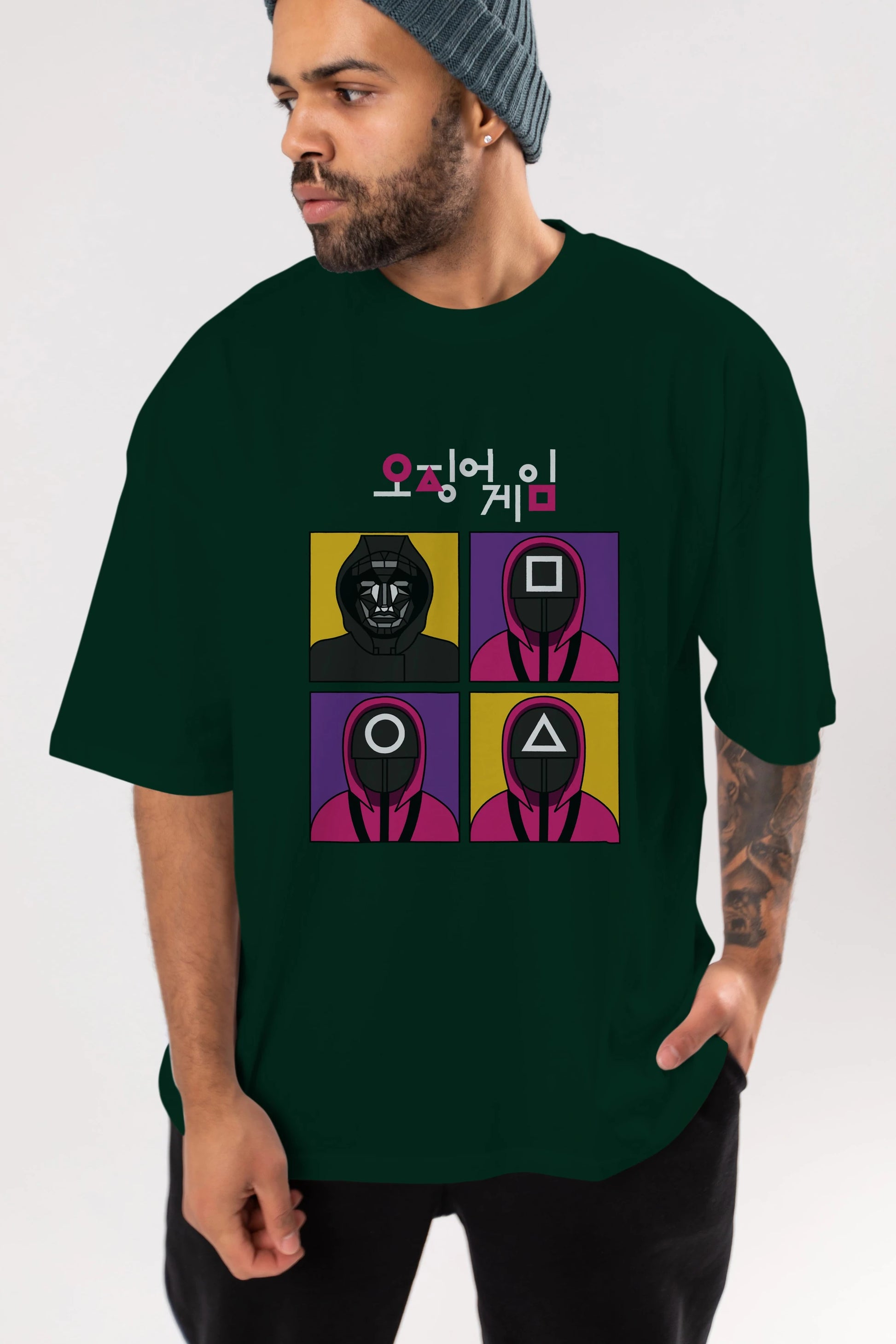 Squid Game (1) Ön Baskılı Oversize t-shirt Erkek Kadın Unisex %100 Pamuk Bisiklet Yaka tişort