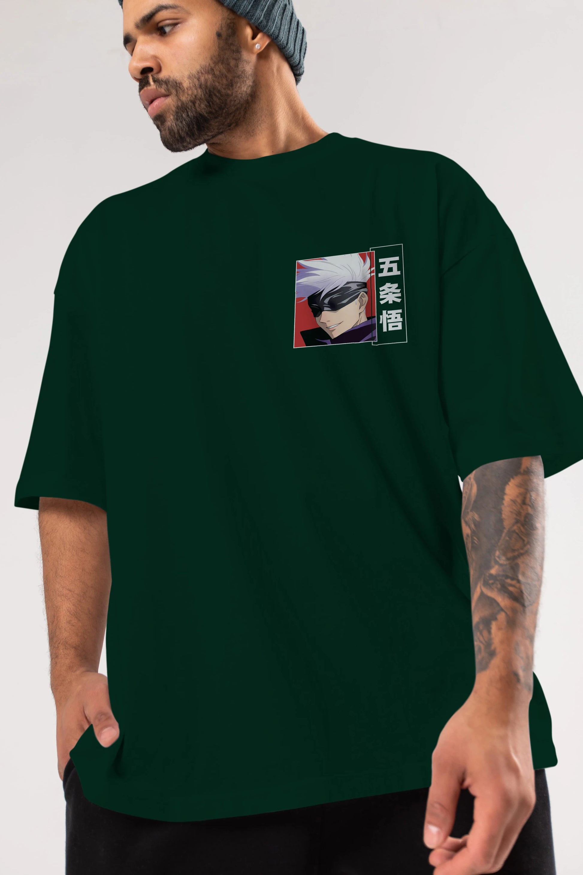 SATORU GOJO Ön Sol Baskılı Oversize t-shirt Erkek Kadın Unisex %100 Pamuk Bisiklet Yaka tişort