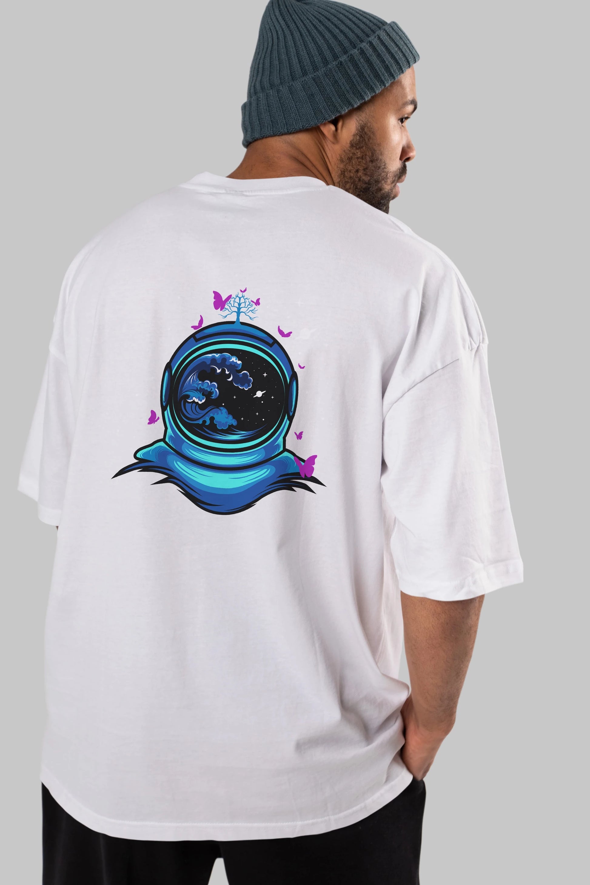 Astronaut and Butterfly Arka Baskılı Oversize t-shirt Erkek Kadın Unisex