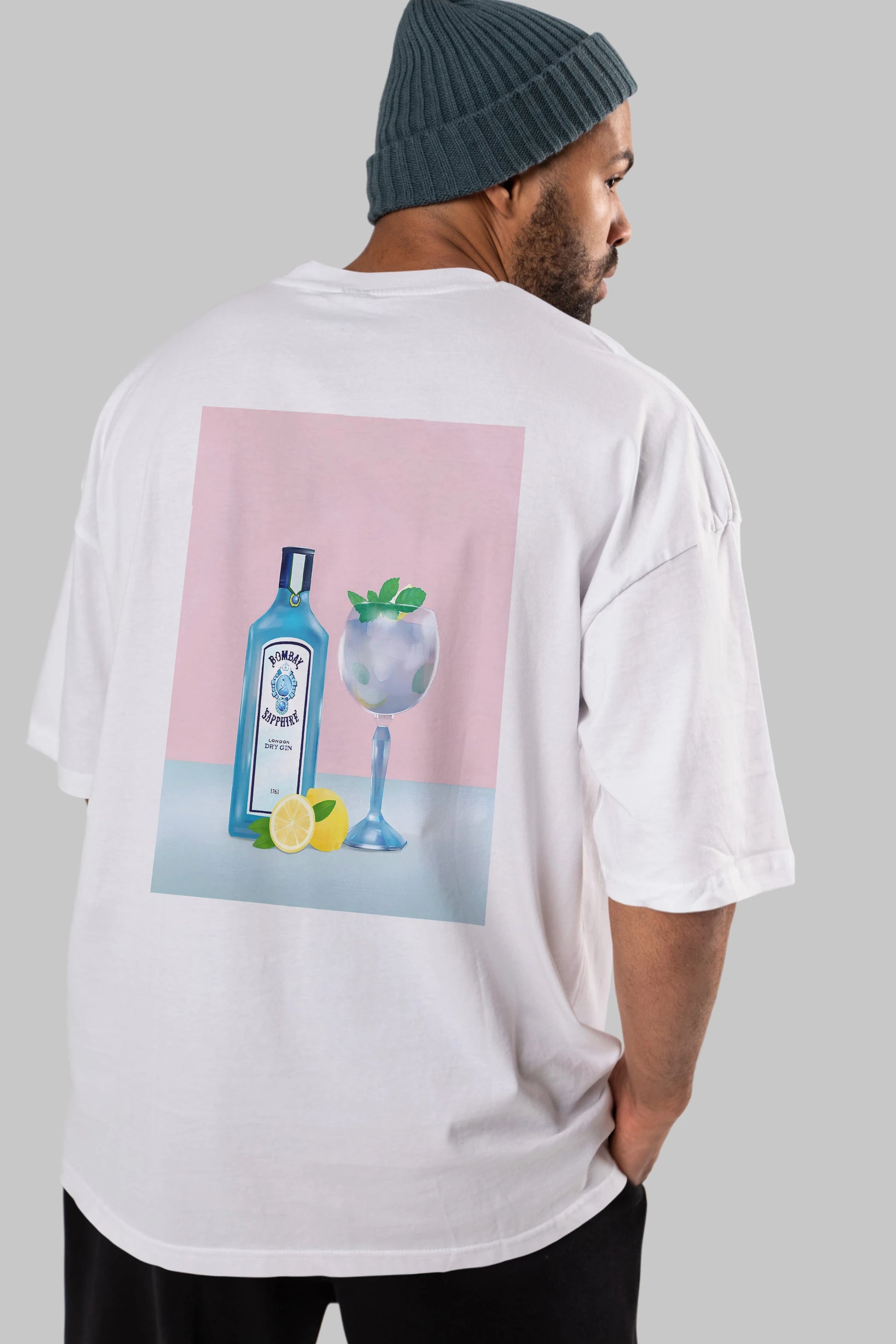 Bombay Sapphire Dry Gin Arka Baskılı Oversize t-shirt Erkek Kadın Unisex %100 Pamuk Bisiklet Yaka tişort