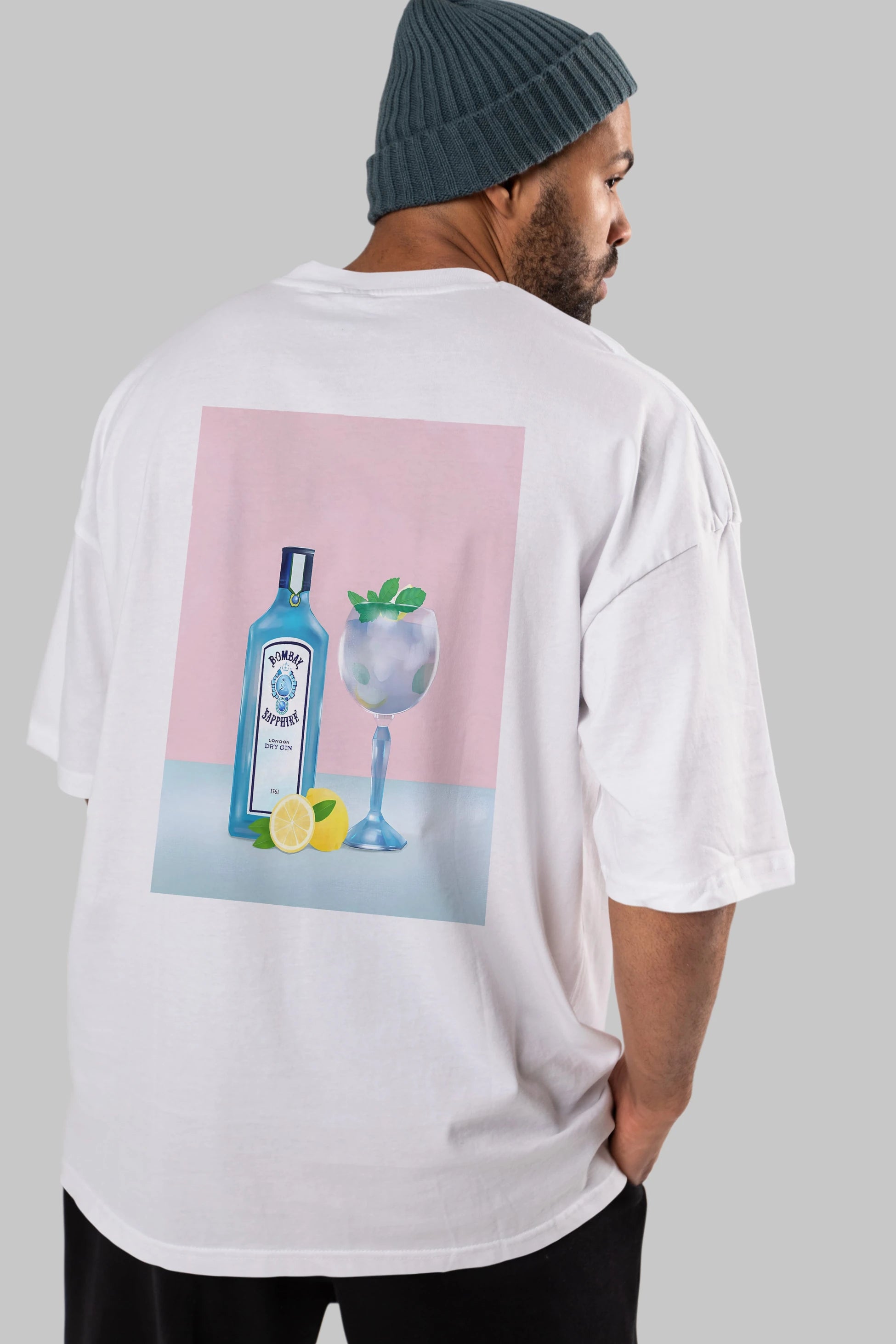 Bombay Sapphire Dry Gin Arka Baskılı Oversize t-shirt Erkek Kadın Unisex %100 Pamuk Bisiklet Yaka tişort