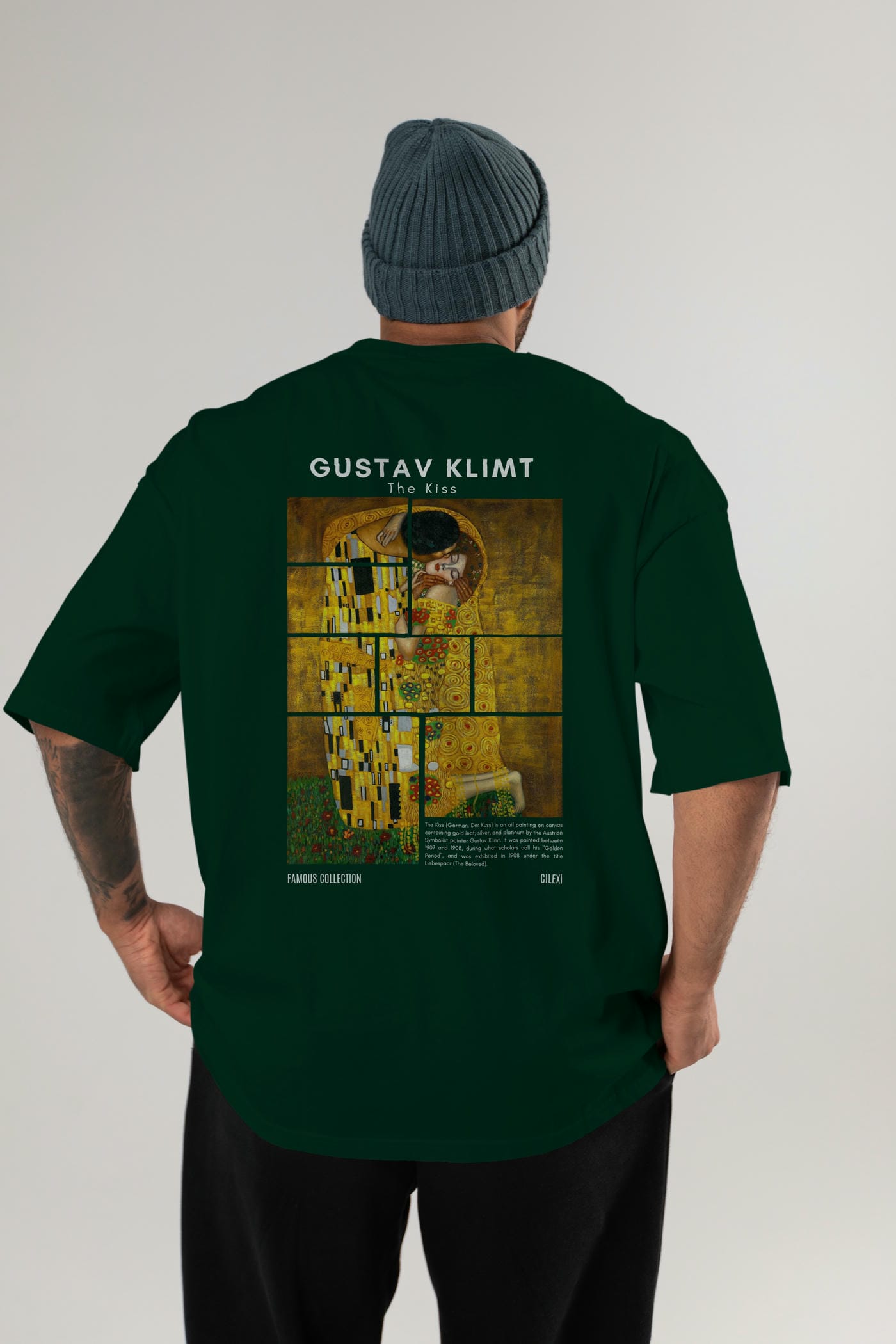 Gustav Klimt The Kiss Arka Baskılı Oversize t-shirt Erkek Kadın Bisiklet Yaka Pamuk tişort