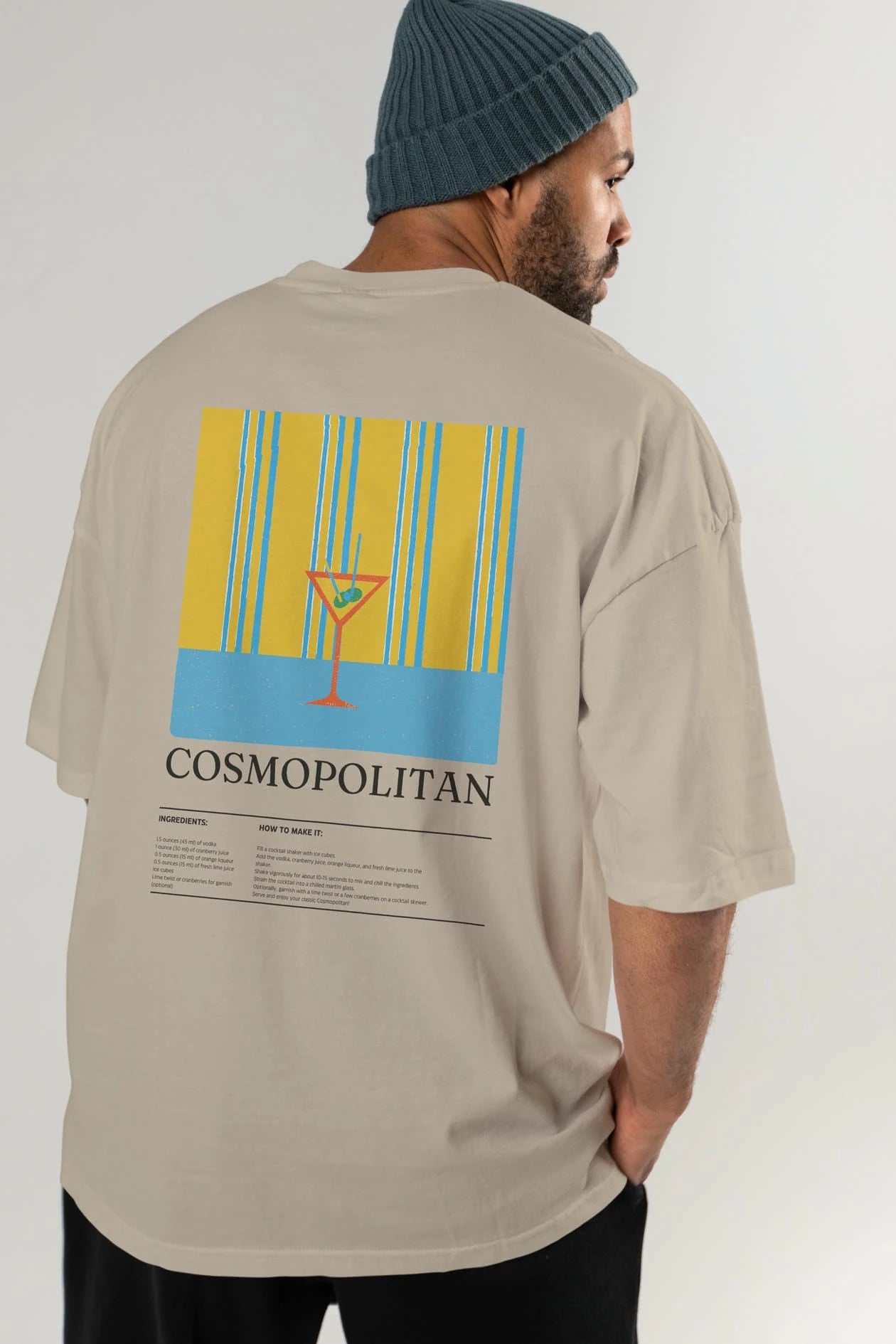 Cosmopolitan Kokteyl Serisi Arka Baskılı Oversize t-shirt Erkek Kadın %100 Pamuk Bisiklet Yaka tişort