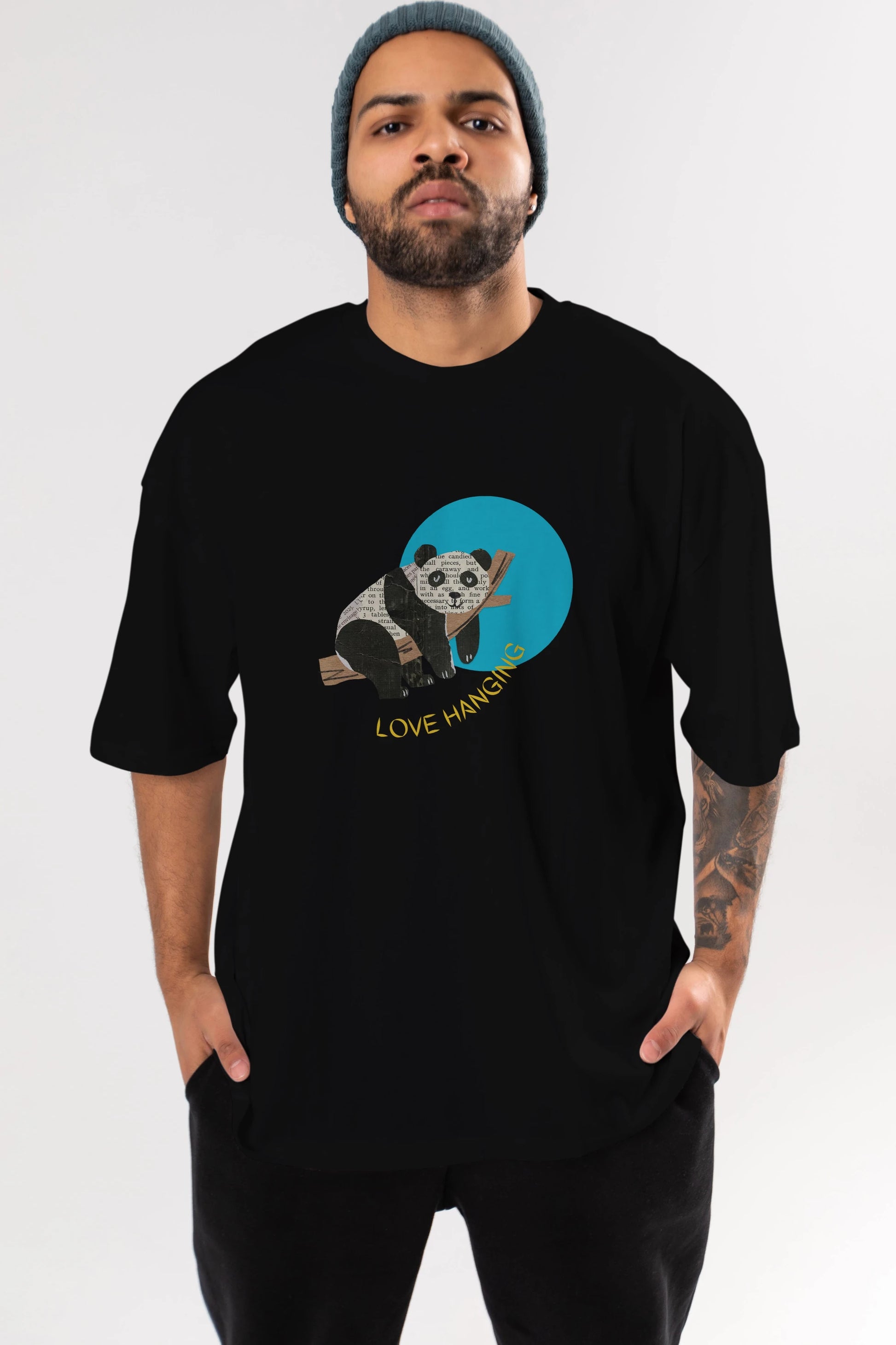 Panda Love Hanging Ön Baskılı Oversize t-shirt Erkek Kadın Unisex