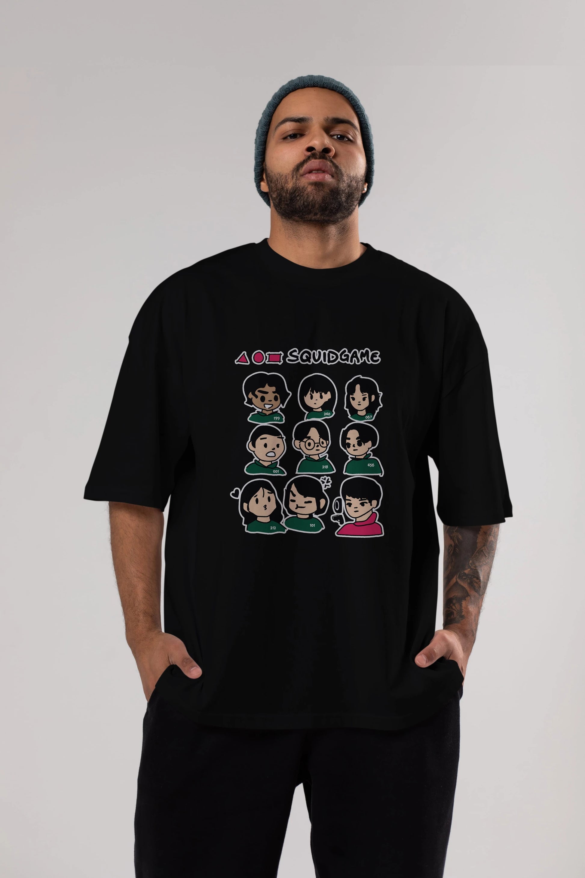 Squid Game (3) Ön Baskılı Oversize t-shirt Erkek Kadın Unisex %100 Pamuk Bisiklet Yaka tişort