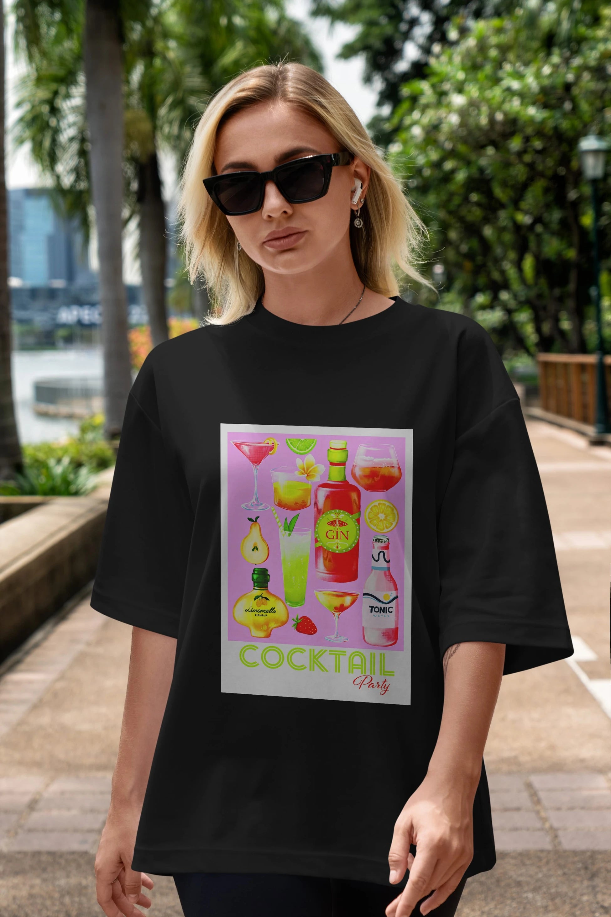 Cocktail Party Ön Baskılı Oversize t-shirt Erkek Kadın Unisex %100 Pamuk Bisiklet Yaka tişort