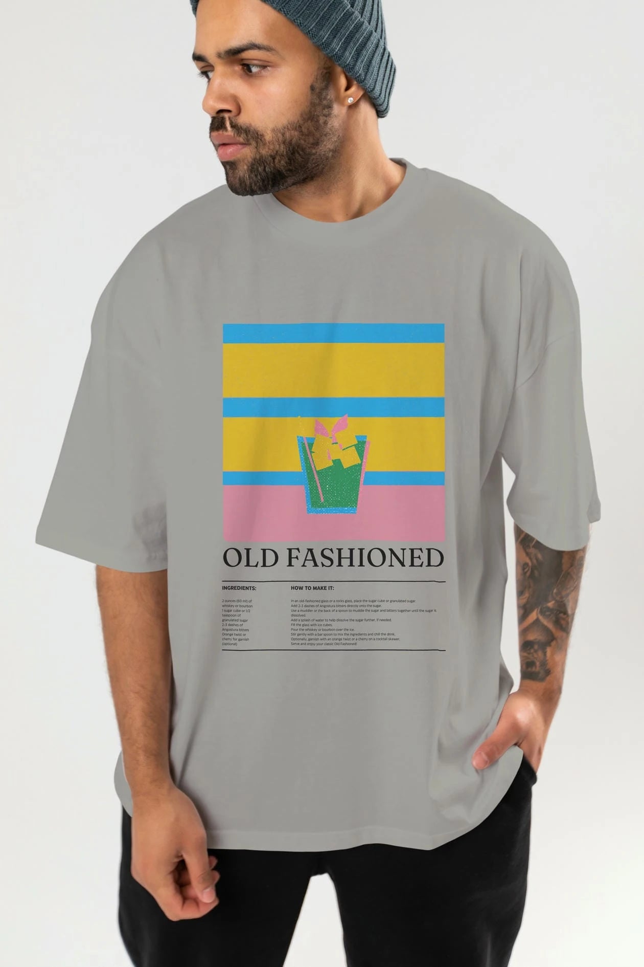 Old Fashioned Kokteyl Ön Baskılı Oversize t-shirt Erkek Kadın %100 Pamuk Bisiklet Yaka tişort