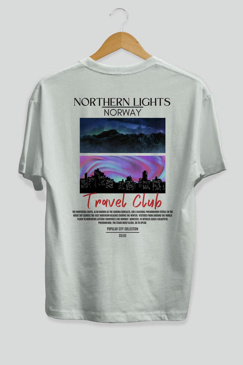 Northern Lights Norway Arka Baskılı Oversize t-shirt Erkek Kadın Pamuk Bisiklet Yaka tişort
