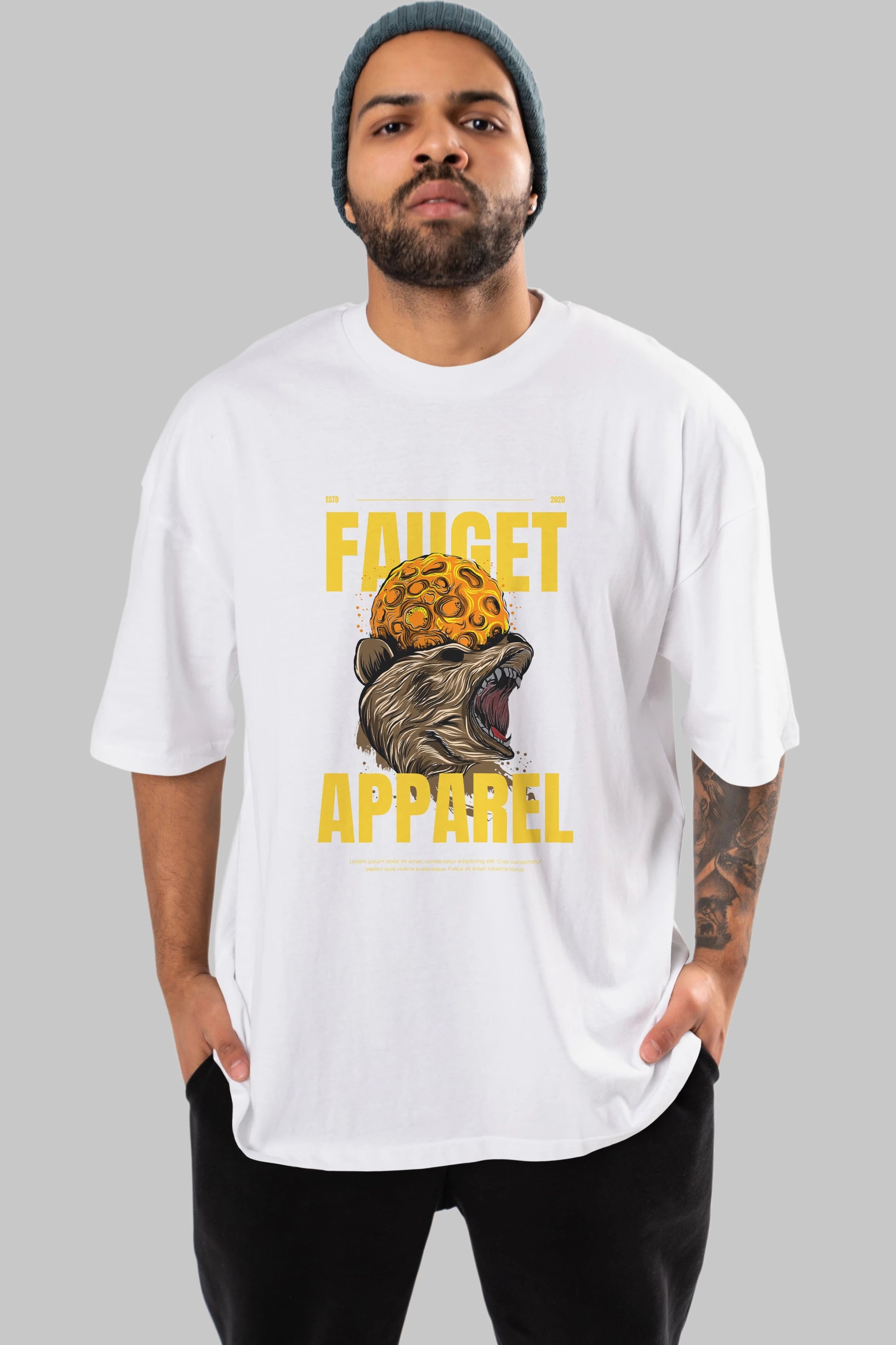 Bear Angry Fauget Apparel Ön Baskılı Oversize t-shirt Erkek Kadın Unisex