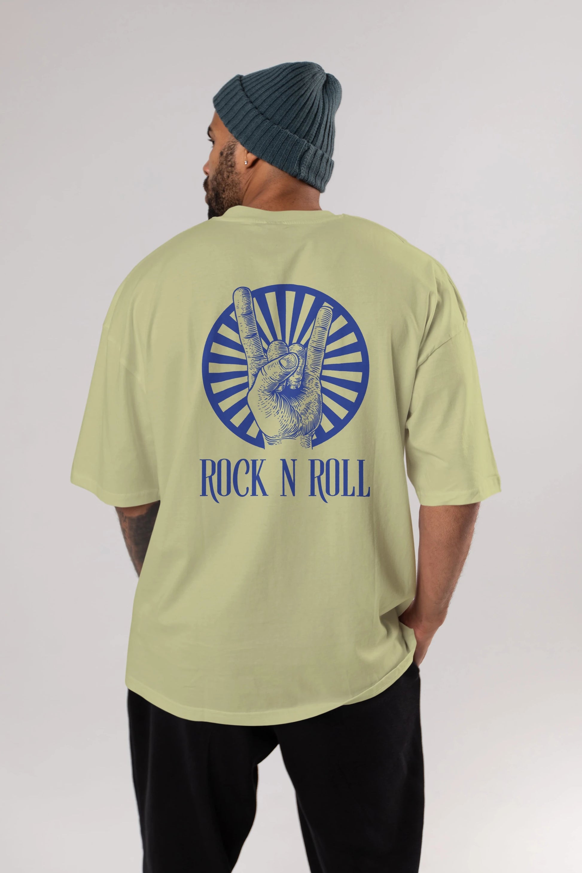 Rock N Roll Yazılı Arka Baskılı Oversize t-shirt Erkek Kadın Unisex
