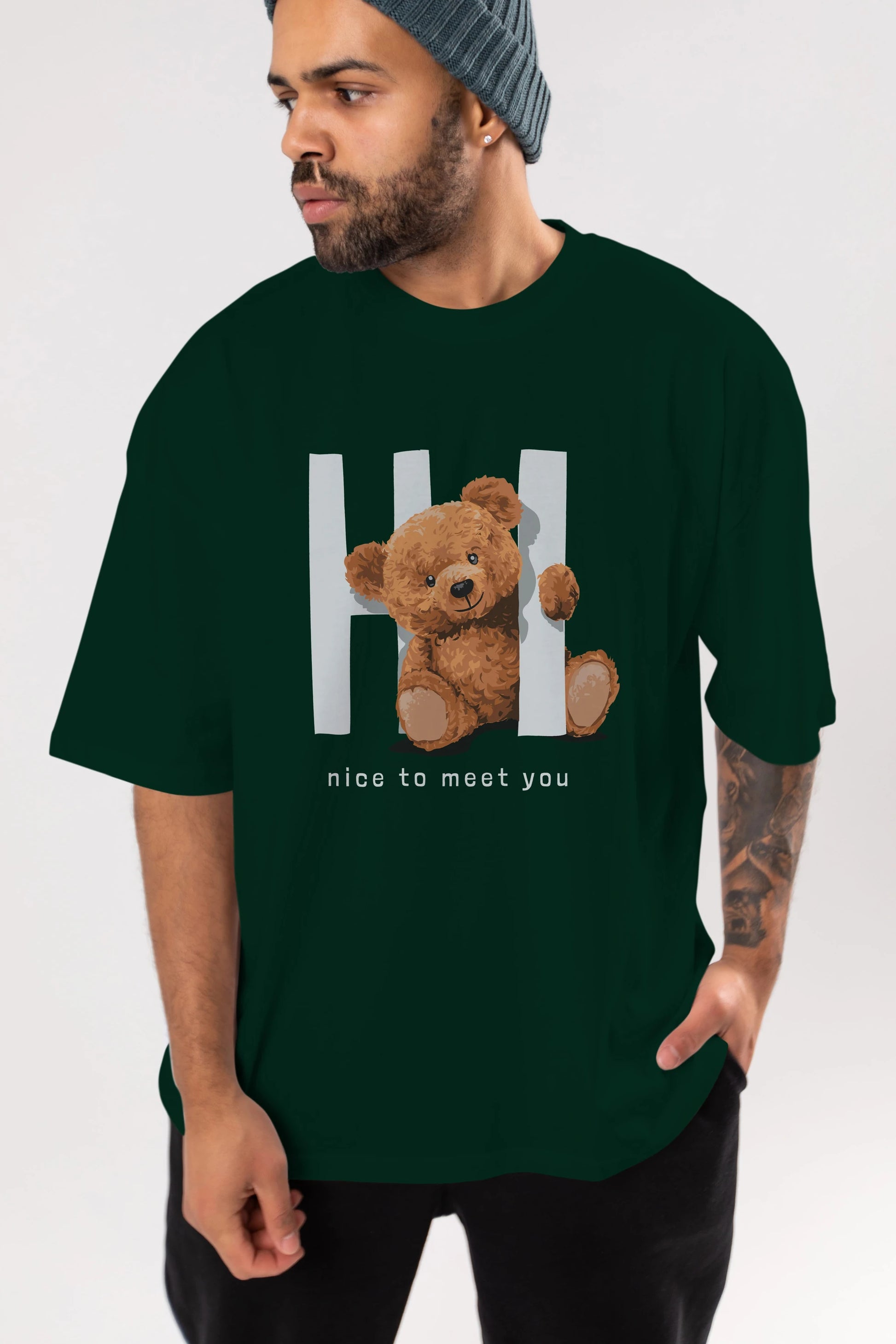 Teddy Bear Hi Nice To Meet You Ön Baskılı Oversize t-shirt Erkek Kadın Unisex %100 Pamuk