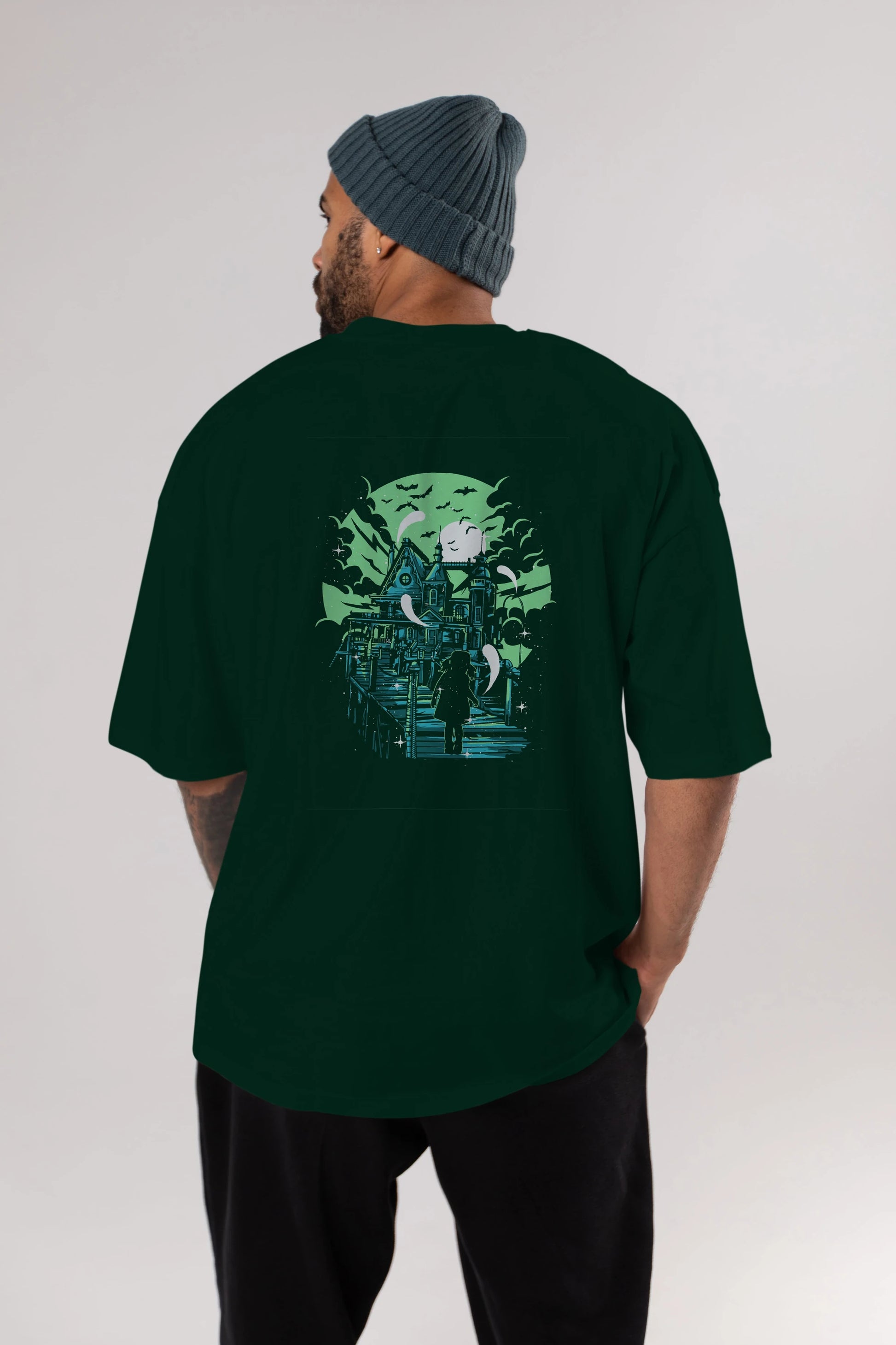 Haunted House Arka Baskılı Oversize t-shirt Erkek Kadın Unisex %100 Pamuk