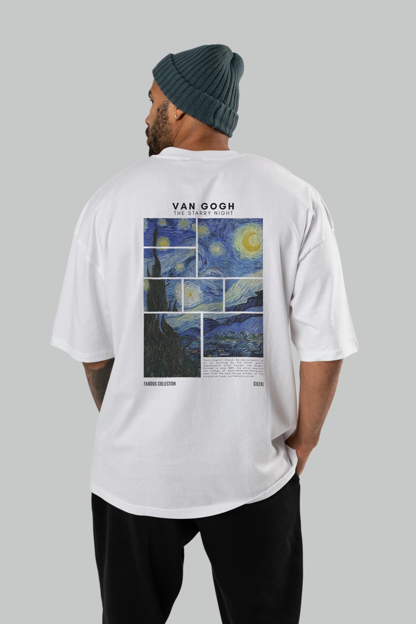 Van Gogh The Starry Night Arka Baskılı Oversize t-shirt Erkek Kadın Bisiklet Yaka Pamuk tişort