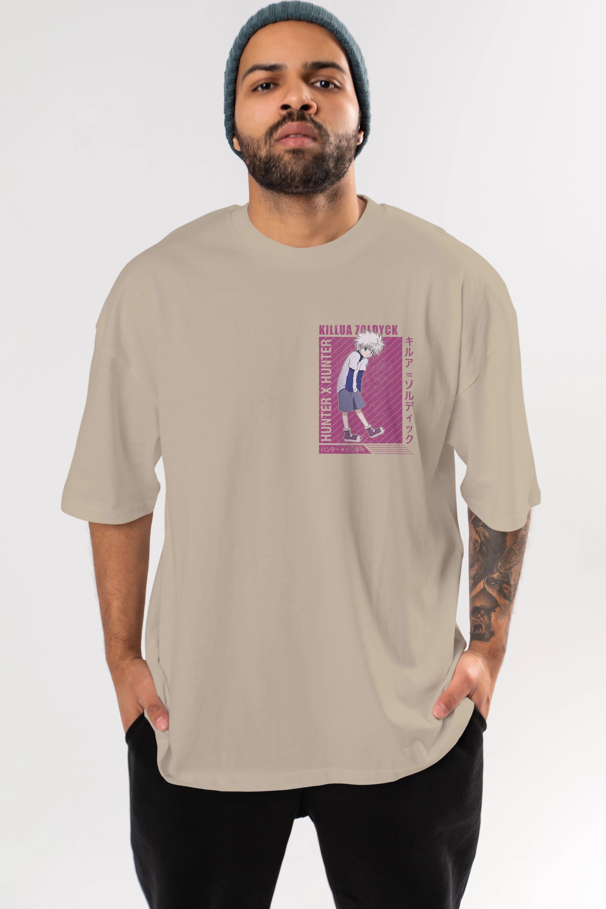 Killua Zoldyck 3 1 Ön Sol Baskılı Oversize t-shirt Erkek Kadın Unisex %100 Pamuk Bisiklet Yaka tişort