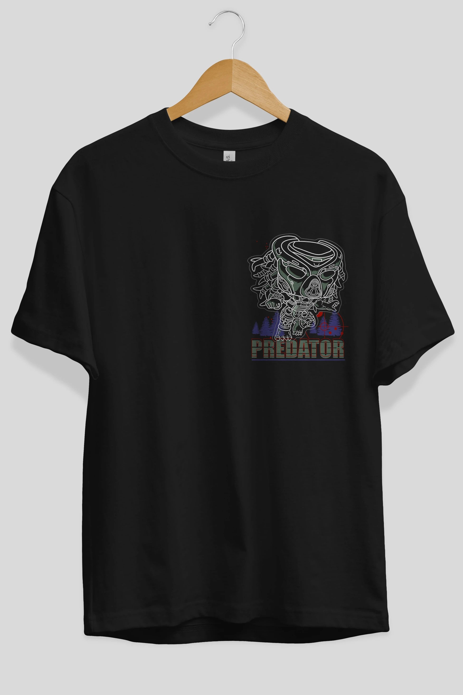 Predator Ön Sol Baskılı Oversize t-shirt Erkek Kadın Unisex %100 Pamuk Bisiklet Yaka tişort