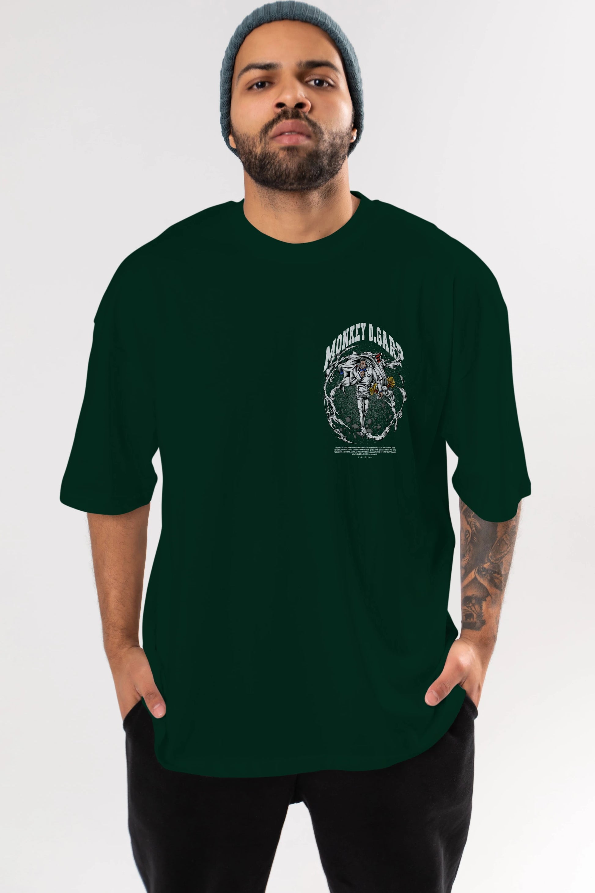 Monkey D. Garp Ön Sol Baskılı Oversize t-shirt Erkek Kadın Unisex %100 Pamuk Bisiklet Yaka tişort