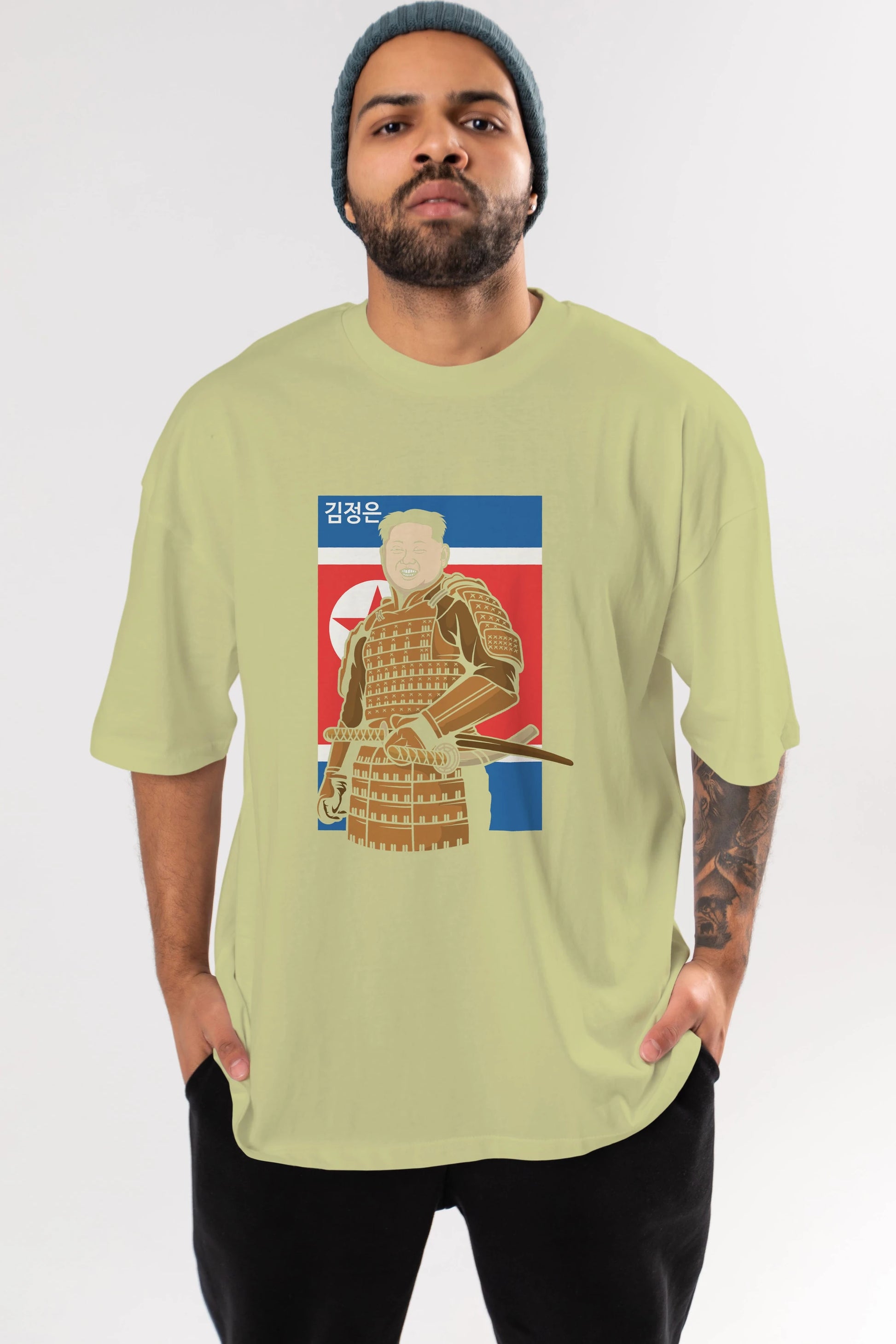 Samurai Jong Un Ön Baskılı Oversize t-shirt Erkek Kadın Unisex %100 Pamuk tişort