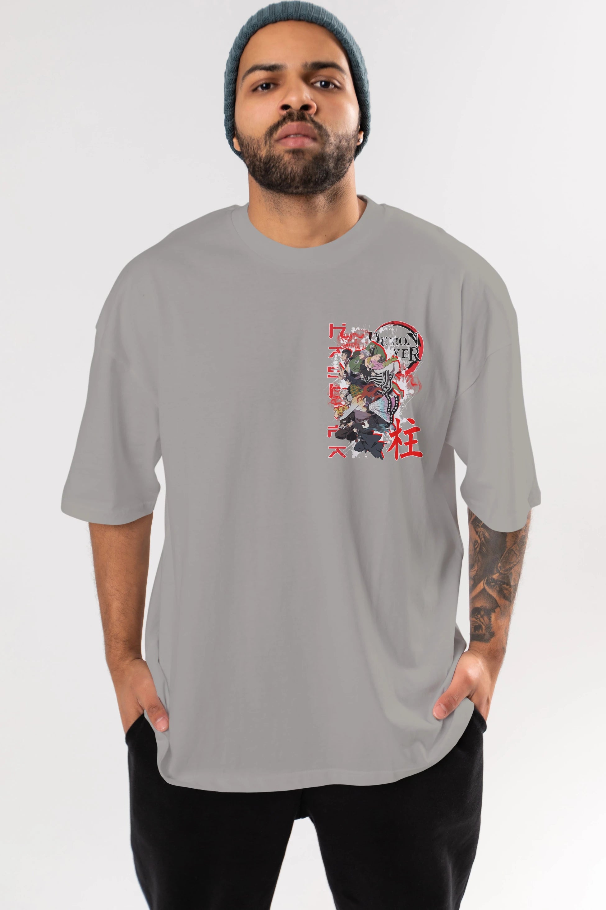 DEMON SLAYER SLAYERS Ön Sol Baskılı Oversize t-shirt Erkek Kadın Unisex %100 Pamuk Bisiklet Yaka tişort