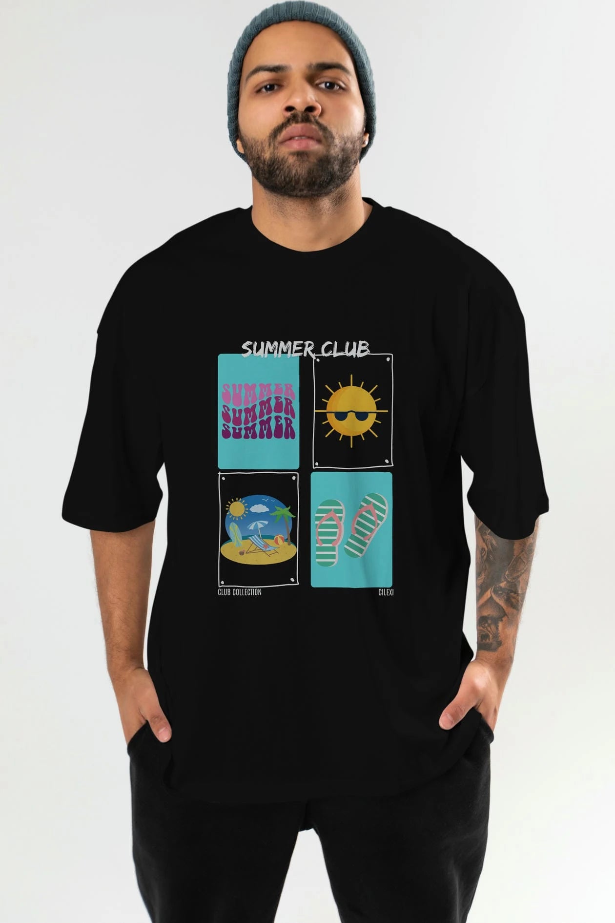 Summer Club ön Baskılı Oversize t-shirt Erkek Kadın %100 Pamuk Bisiklet Yaka tişort