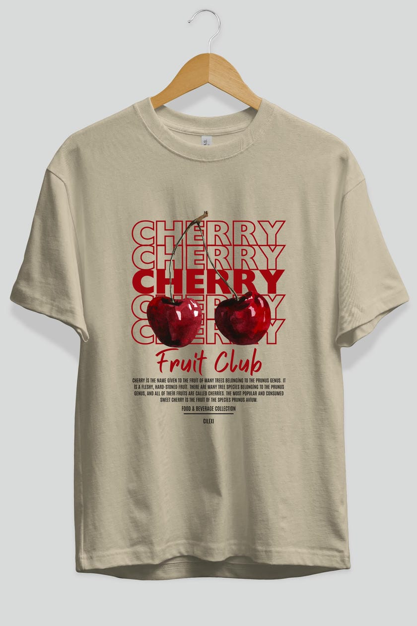 Cherry Ön Baskılı Oversize t-shirt Erkek Kadın Pamuk Bisiklet Yaka tişort