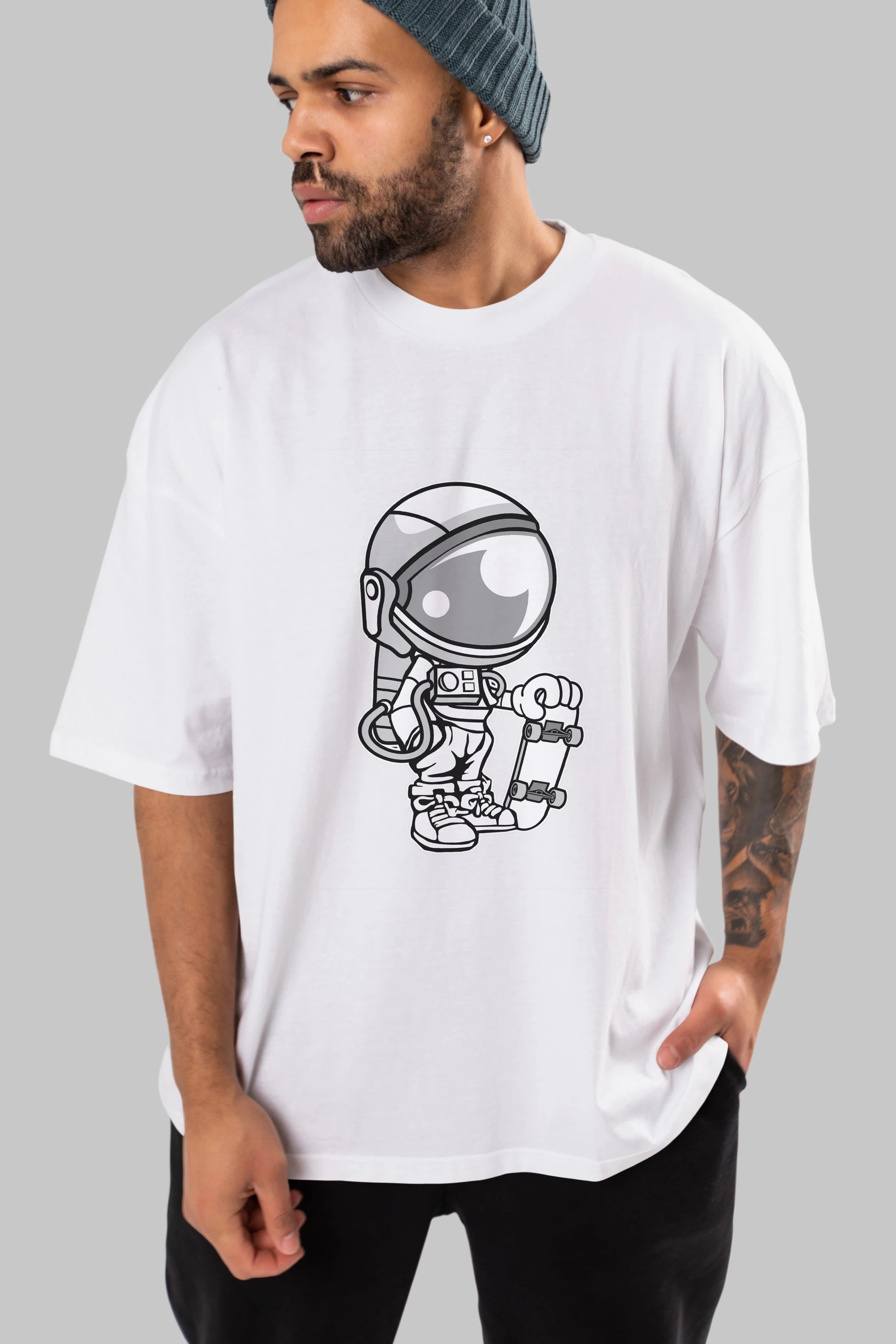 Astronaut Skaterboy Ön Baskılı Oversize t-shirt Erkek Kadın Unisex %100 Pamuk tişort