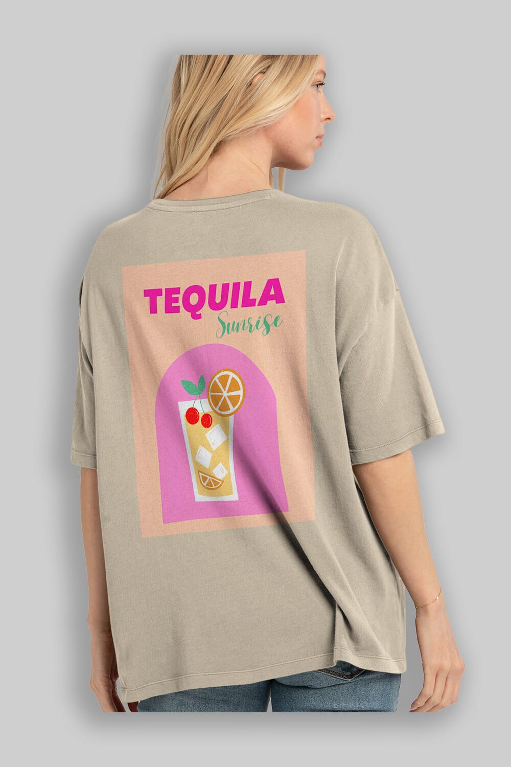 Tequila Sunrise 2 Arka Baskılı Oversize t-shirt Erkek Kadın Unisex %100 Pamuk Bisiklet Yaka tişort