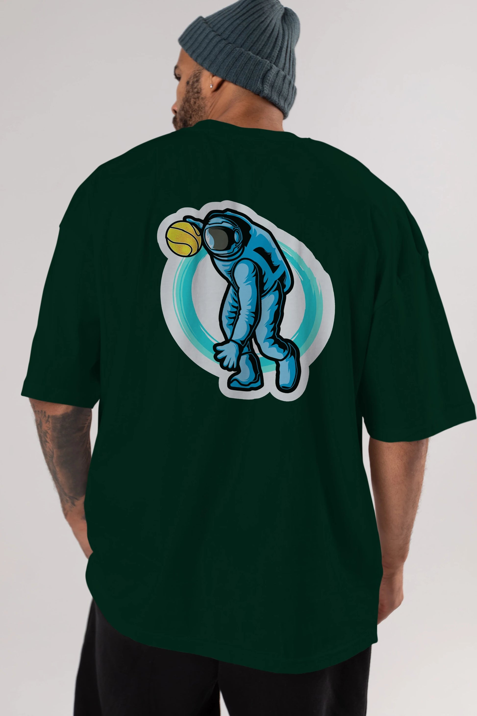 Astronaut Dribble Sticker Arka Baskılı Oversize t-shirt Erkek Kadın Unisex